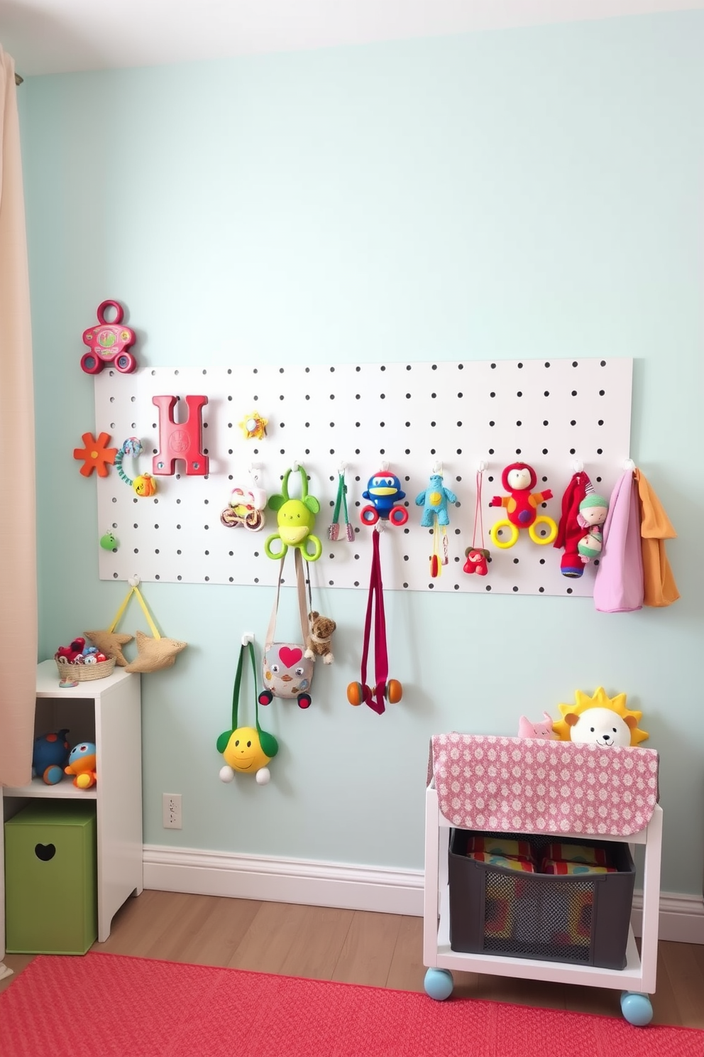 A vibrant nursery featuring a wall-mounted pegboard designed for hanging toys. The pegboard is painted in soft pastel colors, creating a playful atmosphere while keeping the space organized.