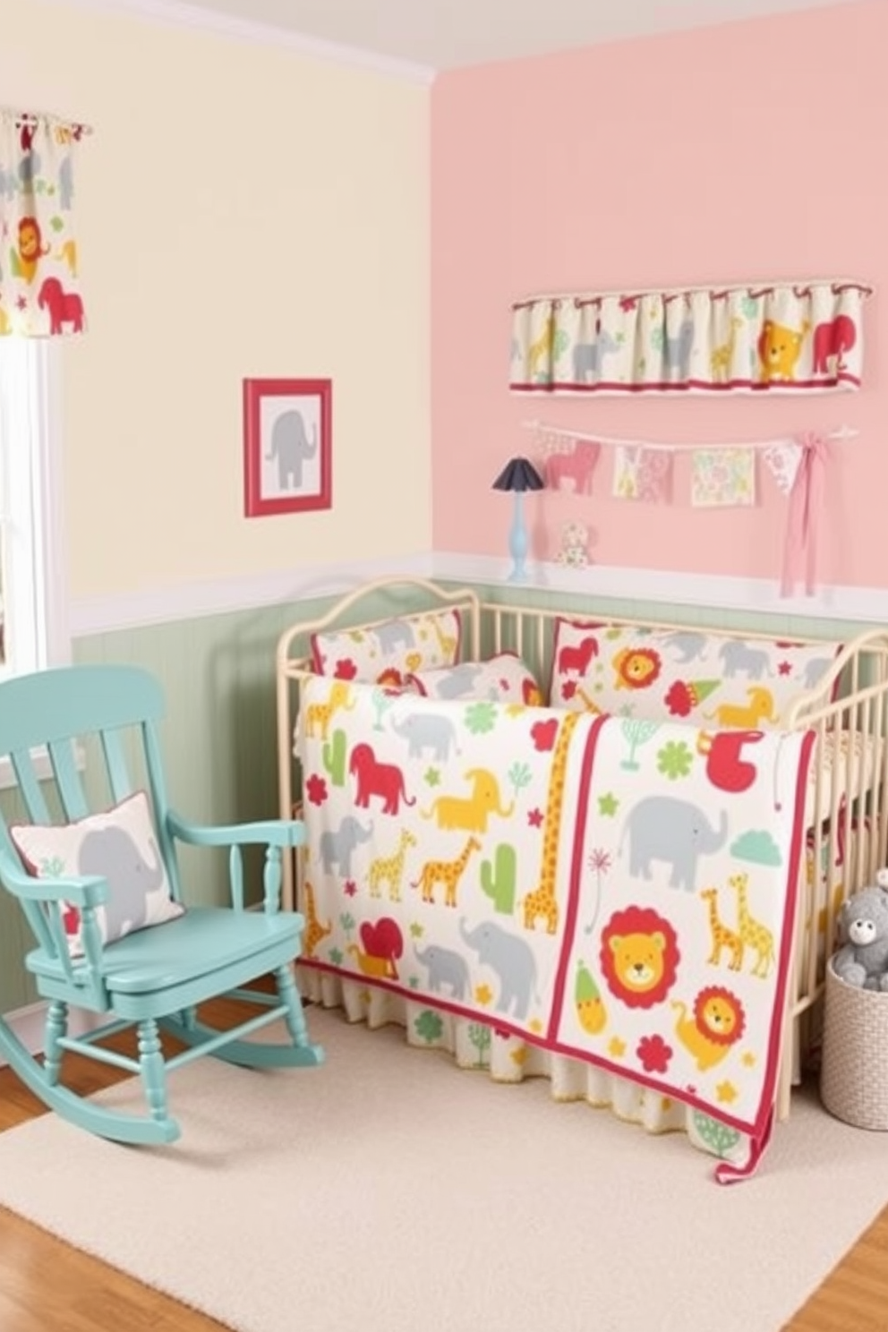 A whimsical nursery featuring bedding sets adorned with playful animal prints. The walls are painted in soft pastel colors, and a cozy crib is placed in the corner, surrounded by plush toys and decorative accents. The bedding showcases vibrant patterns of elephants, giraffes, and lions, creating a cheerful atmosphere. A rocking chair in a coordinating color sits nearby, inviting moments of comfort and bonding.