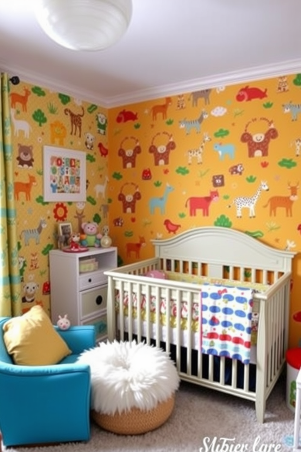 A vibrant nursery featuring a colorful accent wall adorned with removable wallpaper depicting playful animal patterns. The room is filled with soft, plush furnishings and bright, cheerful decor that creates a warm and inviting atmosphere for a baby.