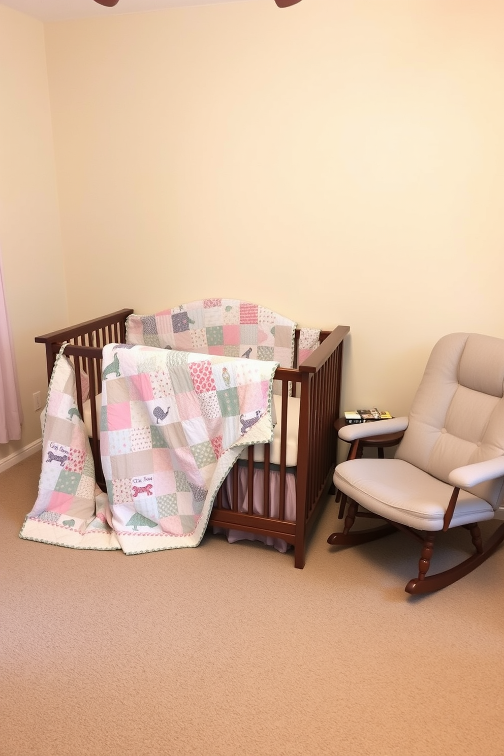 A cozy nursery featuring a handmade quilt draped over a charming crib. The quilt showcases a mix of soft pastel colors and whimsical patterns, adding a personal touch to the space. The walls are painted in a gentle cream hue, creating a warm and inviting atmosphere. A plush rocking chair sits in the corner, accompanied by a small side table for nighttime reading.