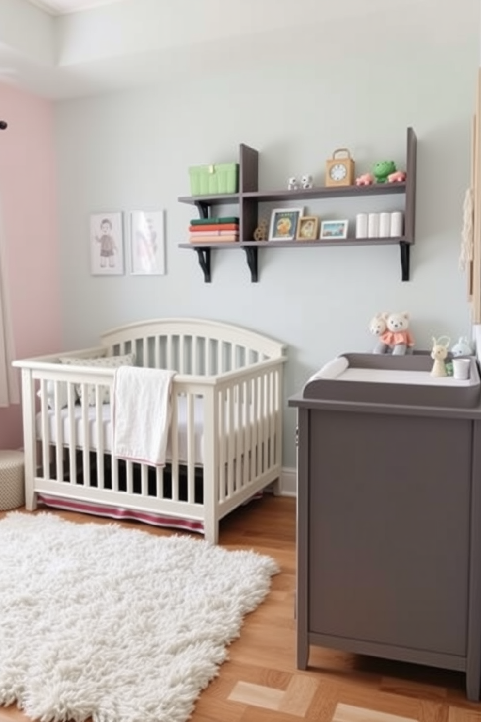 A cozy nursery featuring multifunctional furniture that maximizes space. The room includes a convertible crib that transforms into a toddler bed, paired with a changing table that doubles as a dresser. Soft pastel colors adorn the walls, creating a calming atmosphere. A plush area rug adds warmth, while wall-mounted shelves display toys and books for easy access.