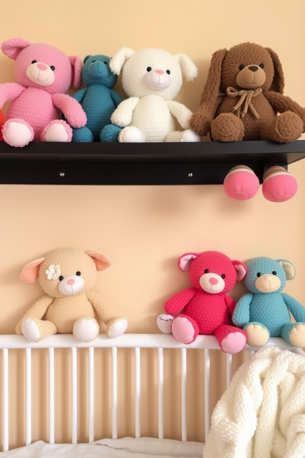 A cozy nursery setting featuring a shelf filled with an assortment of soft toys in various colors and textures. The wall behind the shelf is painted in a gentle pastel hue, creating a warm and inviting atmosphere perfect for a child's room.