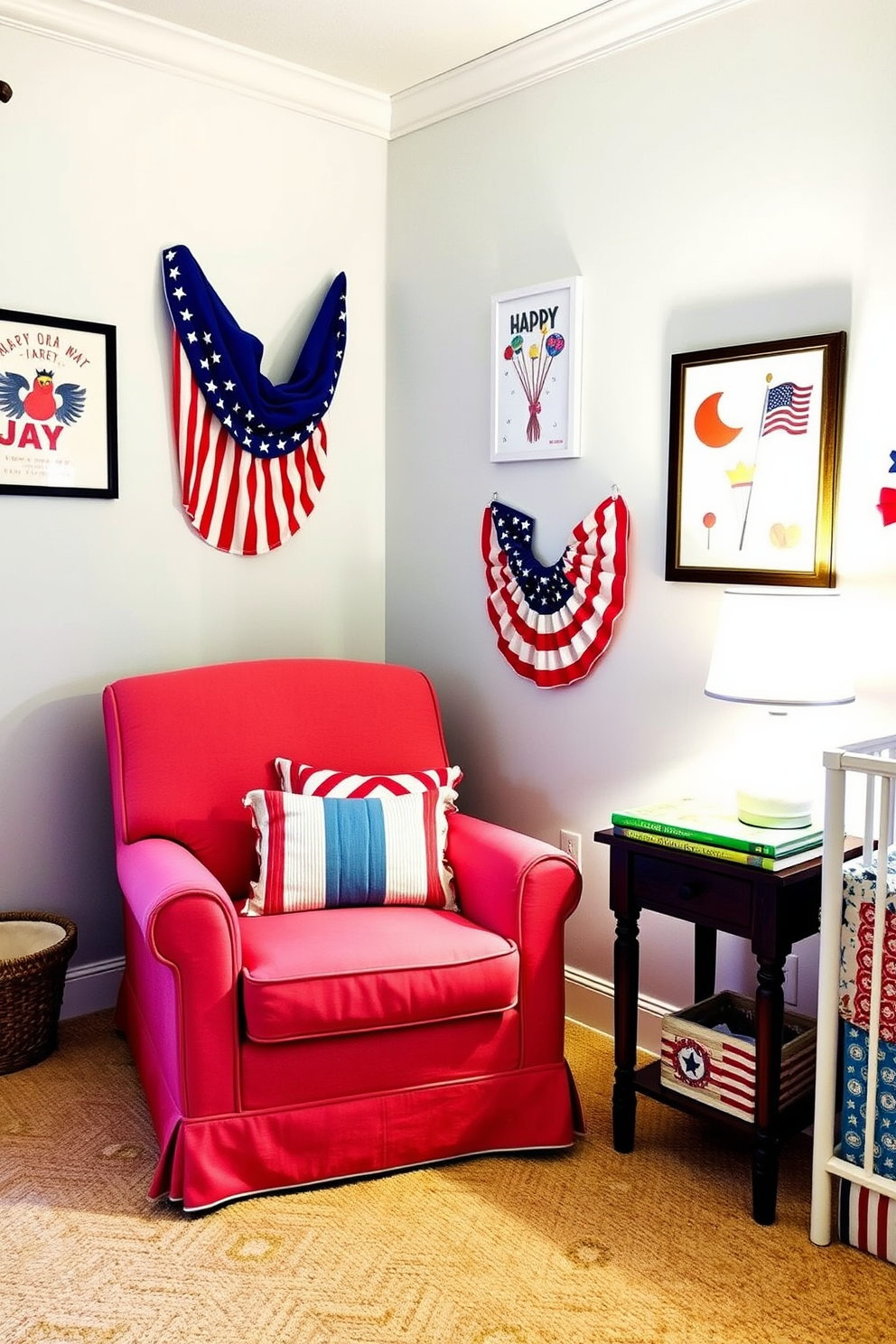 Child-sized furniture designed for early independence features a small wooden table and chairs set in cheerful pastel colors. The space is adorned with playful wall decals and a soft area rug, creating a cozy and inviting atmosphere for young children. Labor Day nursery decorating ideas include incorporating red, white, and blue accents throughout the room. Soft bedding and decorative pillows with patriotic themes can enhance the festive spirit while maintaining a comfortable environment for naps and playtime.