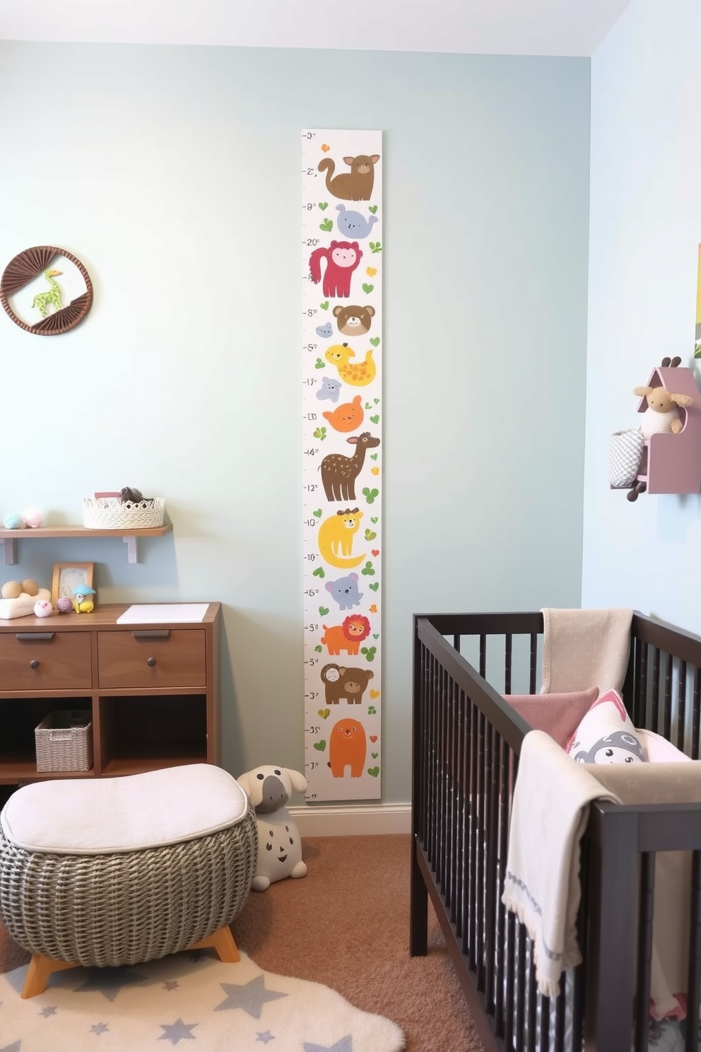 A custom growth chart is beautifully designed on the wall, featuring playful animal illustrations and vibrant colors that capture the essence of childhood. The nursery is adorned with soft pastel hues, complemented by cozy furnishings and whimsical decor elements to create a nurturing environment.