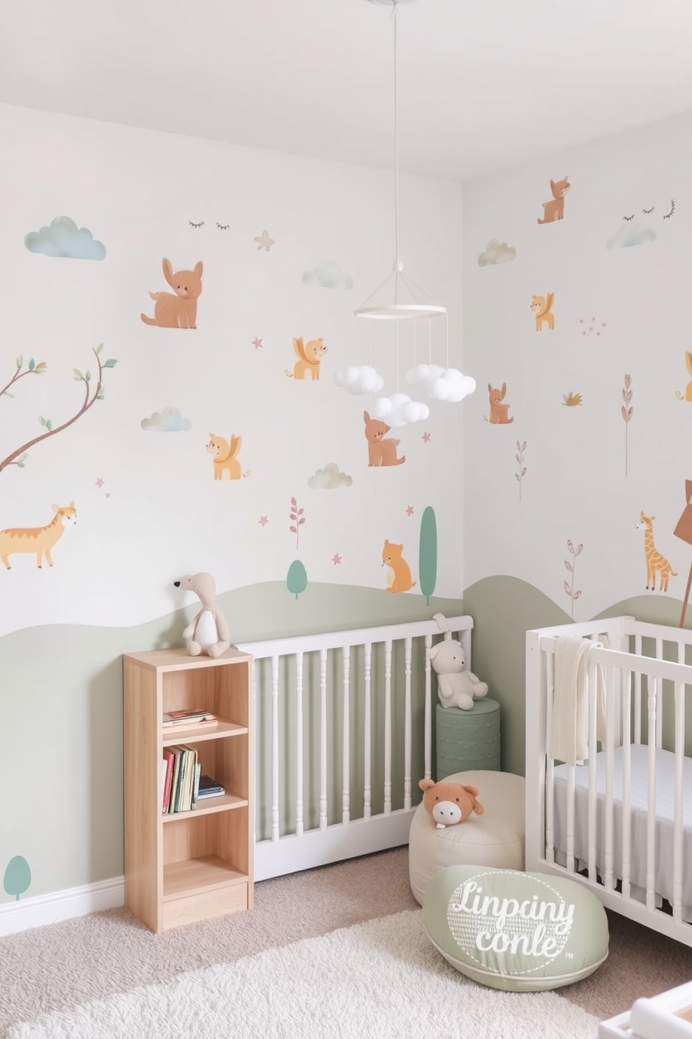 A serene nursery space filled with soft textures for cozy comfort. The walls are painted in a gentle pastel hue, and a plush area rug covers the hardwood floor. A beautifully crafted crib with a soft, breathable mattress sits against one wall. Adorning the crib are fluffy blankets and a variety of plush toys that invite warmth and relaxation.