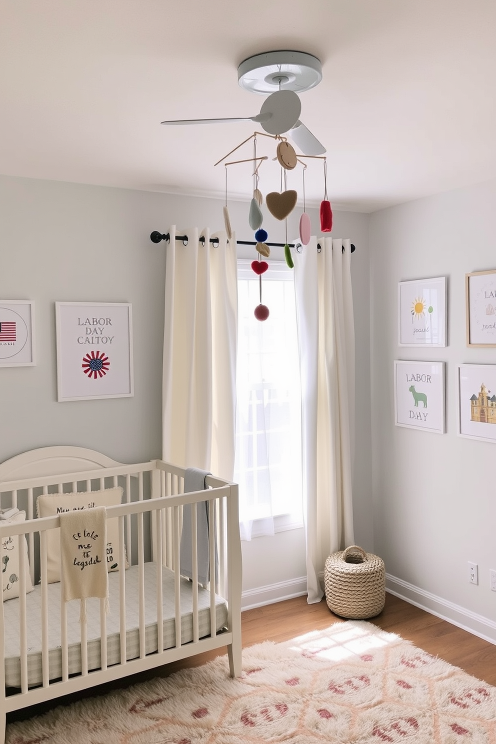 A whimsical nursery space featuring a decorative mobile with handmade elements hanging above a cozy crib. The mobile consists of soft fabric shapes in pastel colors, gently swaying in the breeze from a nearby window adorned with sheer curtains. The walls are painted in a light, soothing hue, decorated with playful artwork that celebrates Labor Day themes. A plush area rug in soft tones anchors the room, providing a comfortable play area for little ones.