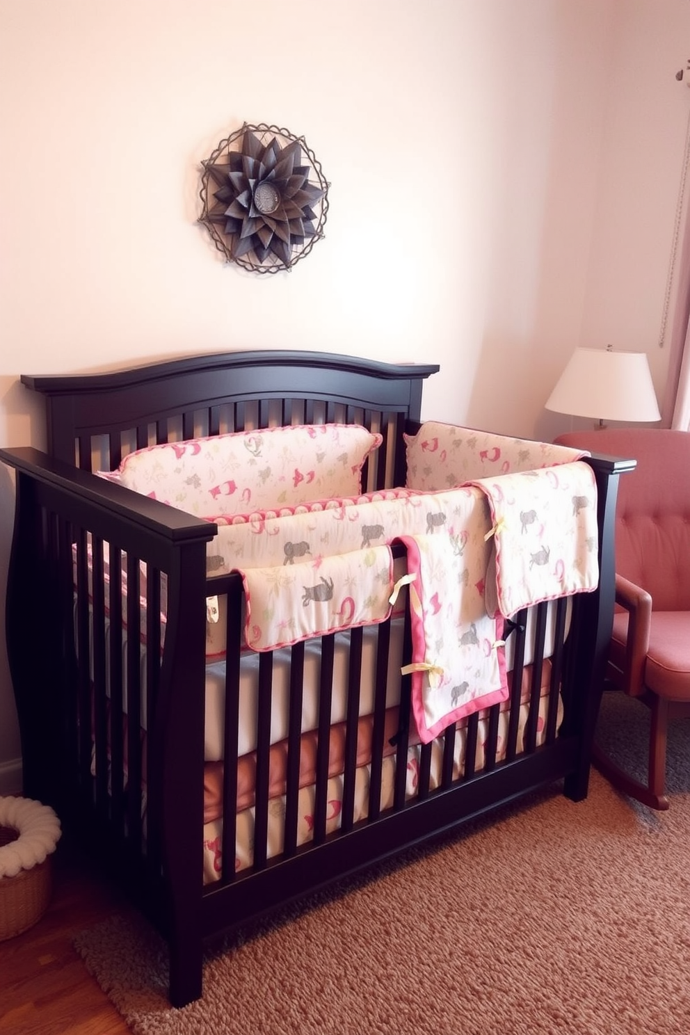 A stylish crib is positioned against a soft pastel-colored wall, featuring a matching bedding set adorned with playful patterns. The room is filled with natural light from a nearby window, and a cozy rocking chair complements the nursery's inviting atmosphere.