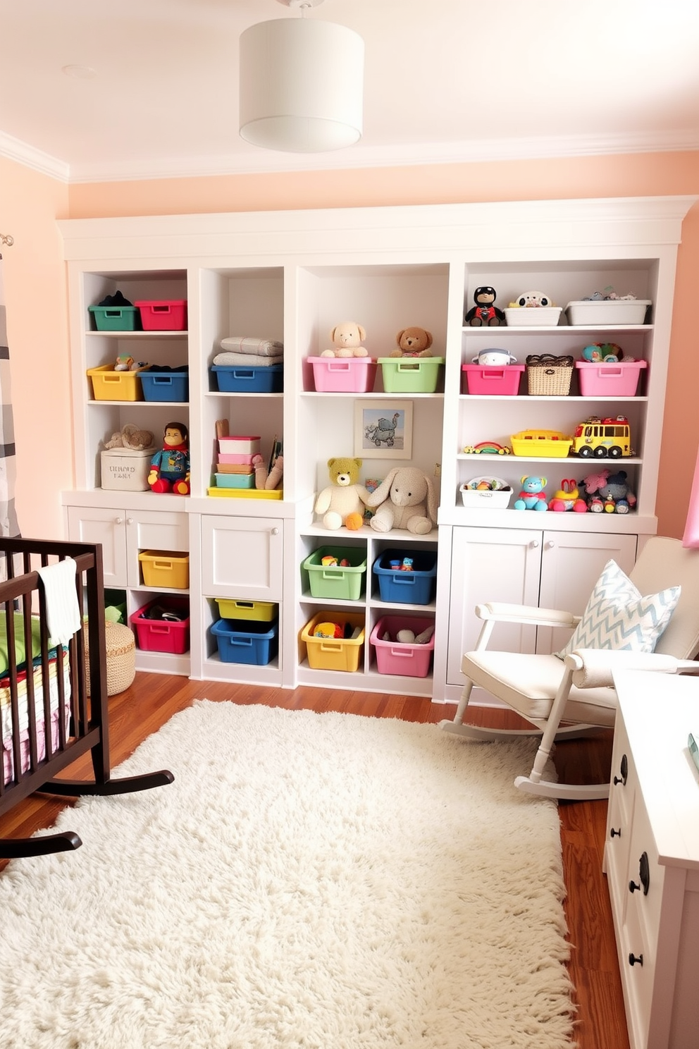 A cozy nursery designed for functionality and playfulness. The room features built-in shelves filled with colorful bins for toy storage, ensuring everything has its place while adding a cheerful touch. Soft pastel colors dominate the walls, creating a calming atmosphere. A plush area rug lies on the floor, providing a comfortable space for play, with a rocking chair in the corner for quiet moments.