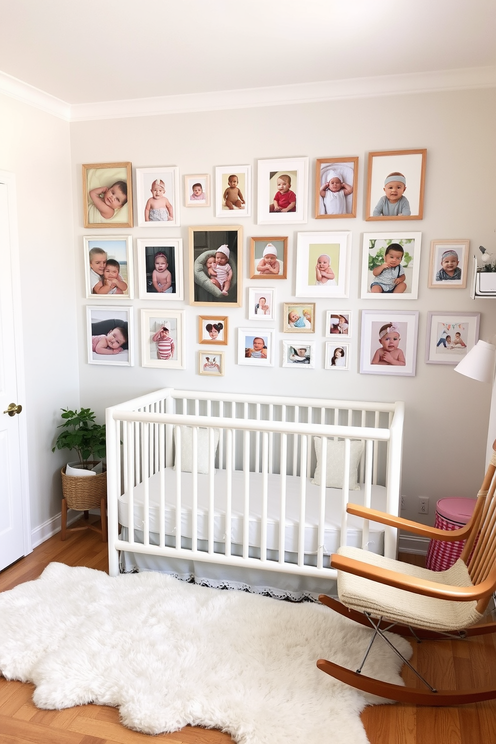 A charming nursery space featuring a gallery wall adorned with an array of baby photos and colorful artwork. The wall is framed with a mix of white and natural wood frames, creating a warm and inviting atmosphere. Soft pastel colors dominate the room, with a cozy crib positioned against one wall. A plush area rug lies beneath, complemented by a rocking chair in the corner for soothing moments.