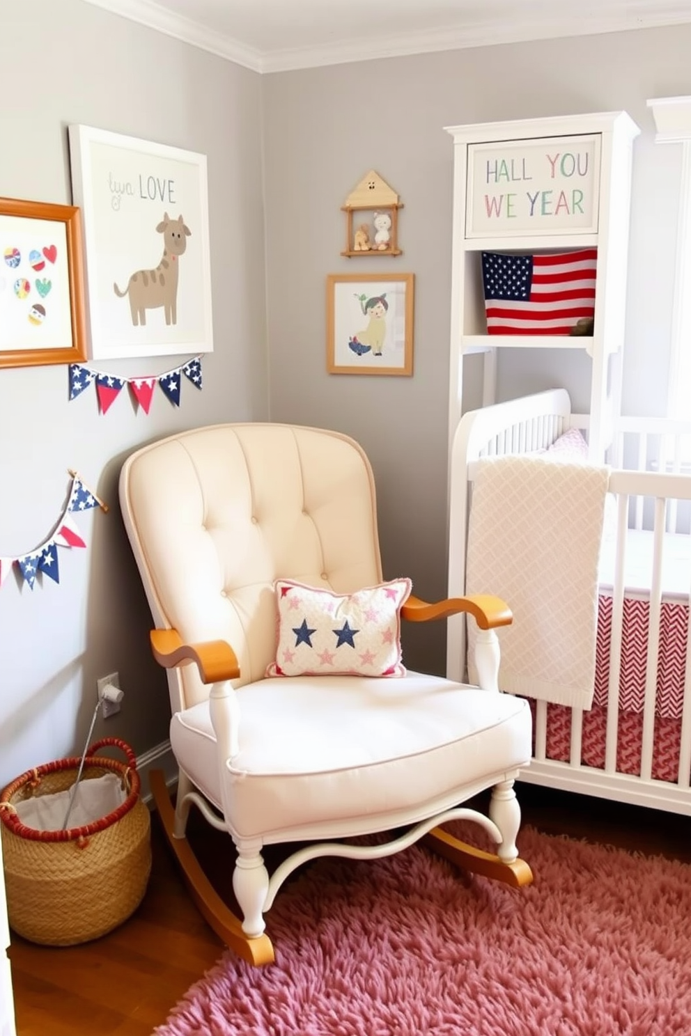 A vintage-inspired rocking chair is placed in a cozy nursery corner, featuring soft pastel upholstery and elegant wooden arms. Surrounding the chair are playful decor elements, such as whimsical wall art and a plush area rug, creating a warm and inviting atmosphere. For Labor Day nursery decorating ideas, incorporate patriotic colors like red, white, and blue through bedding and decorative accents. Add small flags and star motifs to enhance the festive theme while maintaining a soothing and comfortable environment for the baby.