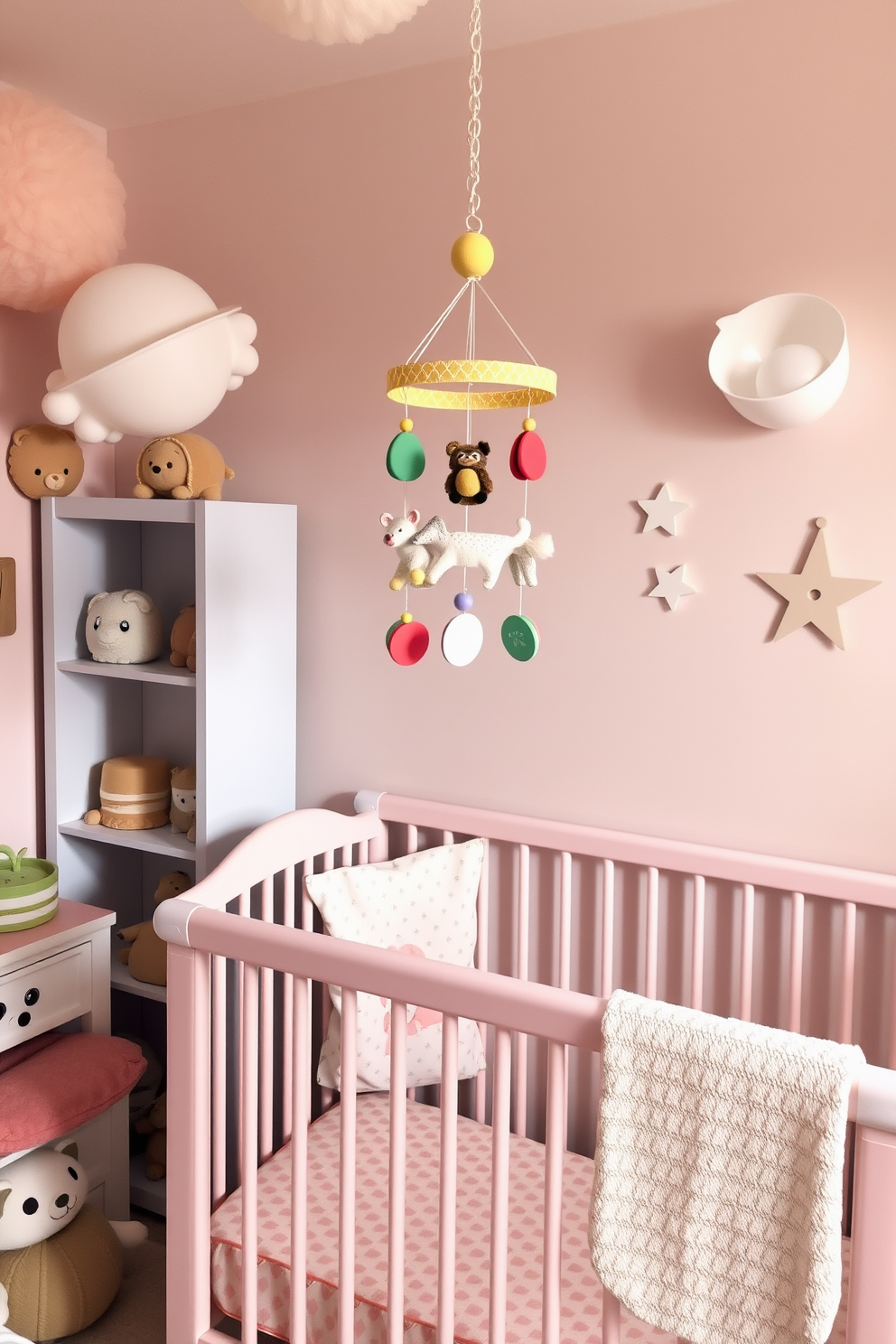 A charming mobile hangs gracefully above the changing table in a cozy nursery. The mobile features soft pastel colors and whimsical shapes that gently sway, creating a serene atmosphere for the baby. The changing table is adorned with a plush, neutral-toned changing pad and neatly organized essentials within reach. The walls are painted in a warm, light hue, complemented by playful artwork that adds a cheerful touch to the space.