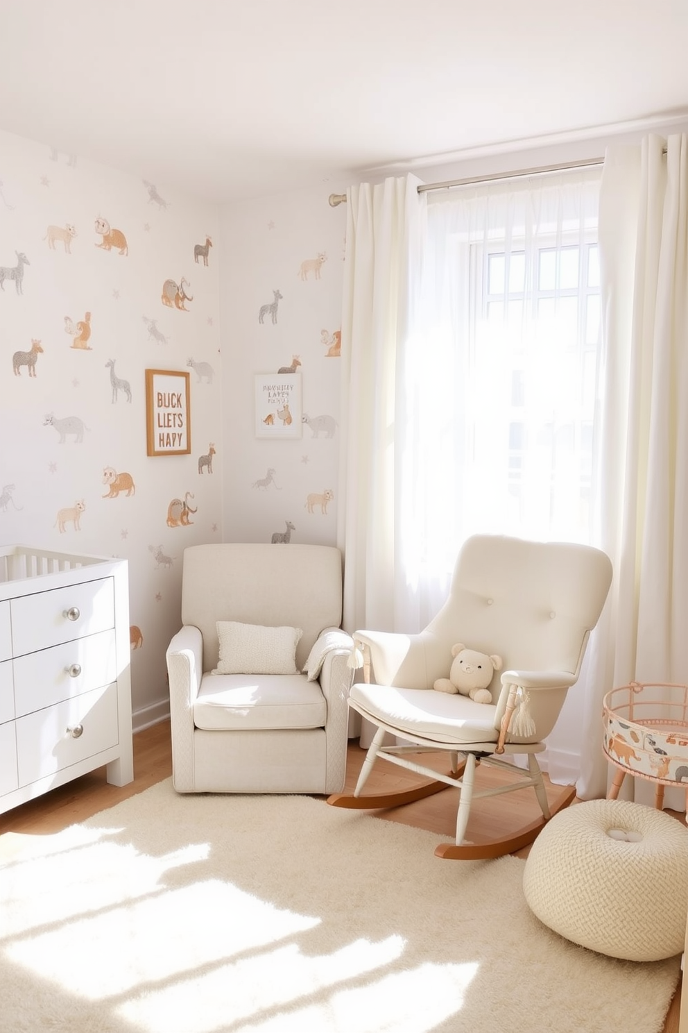 Bright area rug to add warmth. The nursery features soft pastel colors with playful animal prints on the walls. A cozy rocking chair sits in the corner, upholstered in a gentle cream fabric. Natural light floods the room through sheer curtains, creating a serene atmosphere.