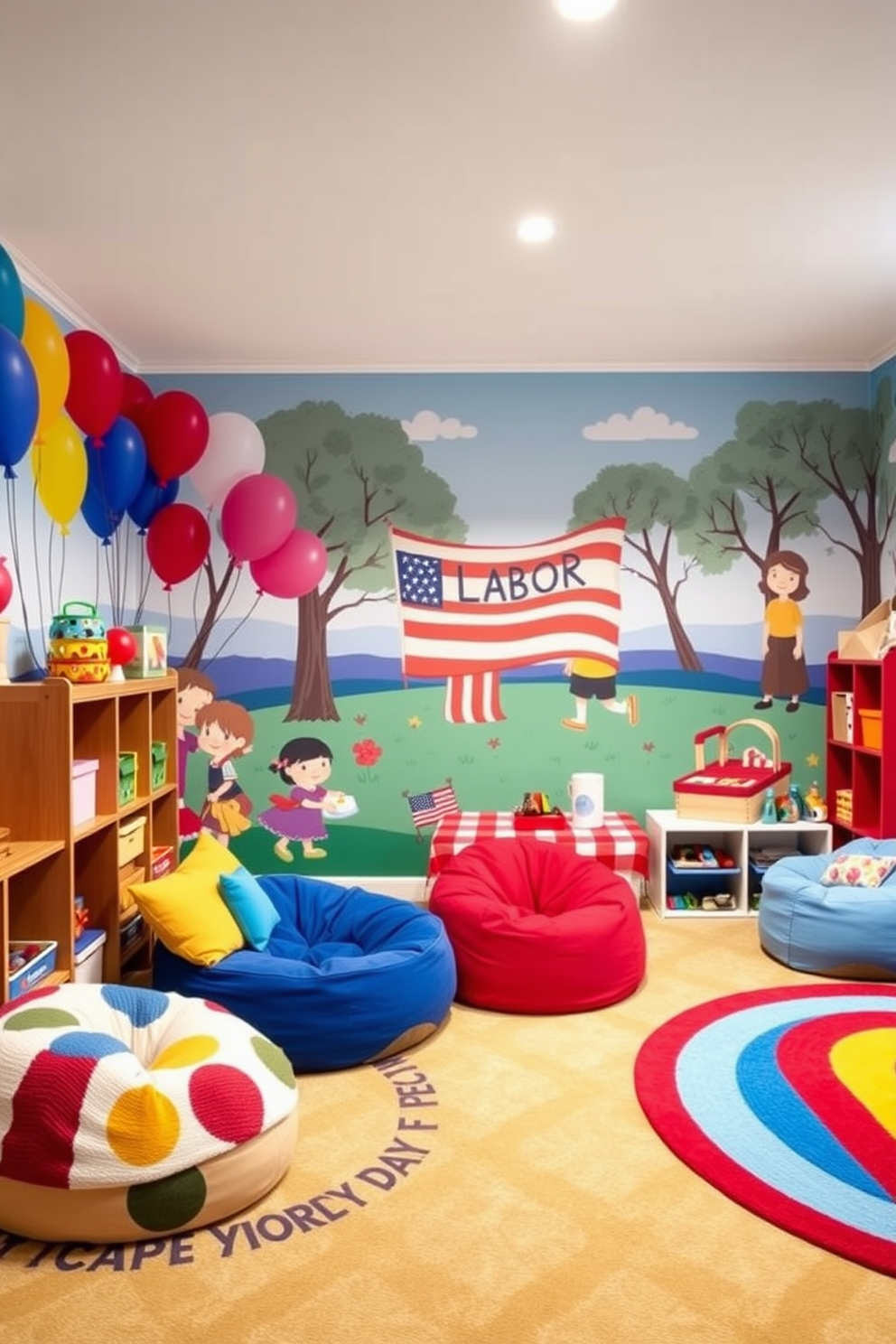 Colorful wall decals featuring whimsical shapes and characters adorn the walls of a bright and cheerful playroom. The space is filled with soft, plush rugs and cozy seating areas, creating an inviting atmosphere for children to play and explore. Labor Day themed decorations bring a festive touch to the playroom, with red, white, and blue accents throughout. Banners and balloons in patriotic colors add to the celebratory spirit, making it a perfect space for fun and creativity.