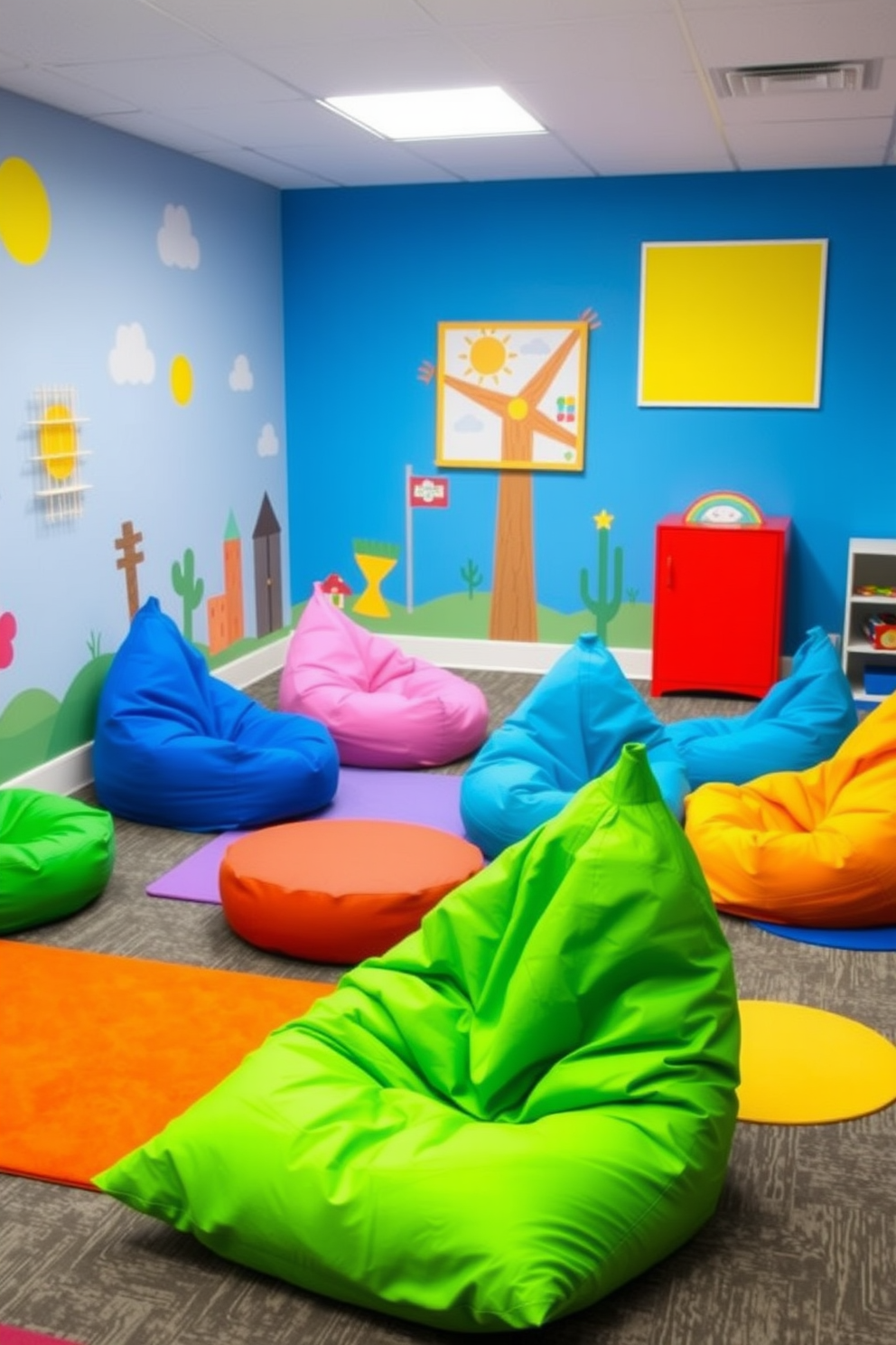 A vibrant playroom filled with fun furniture including colorful bean bags in various shapes and sizes. The walls are painted in bright primary colors, and playful artwork adorns the space, creating an inviting atmosphere for children to enjoy.