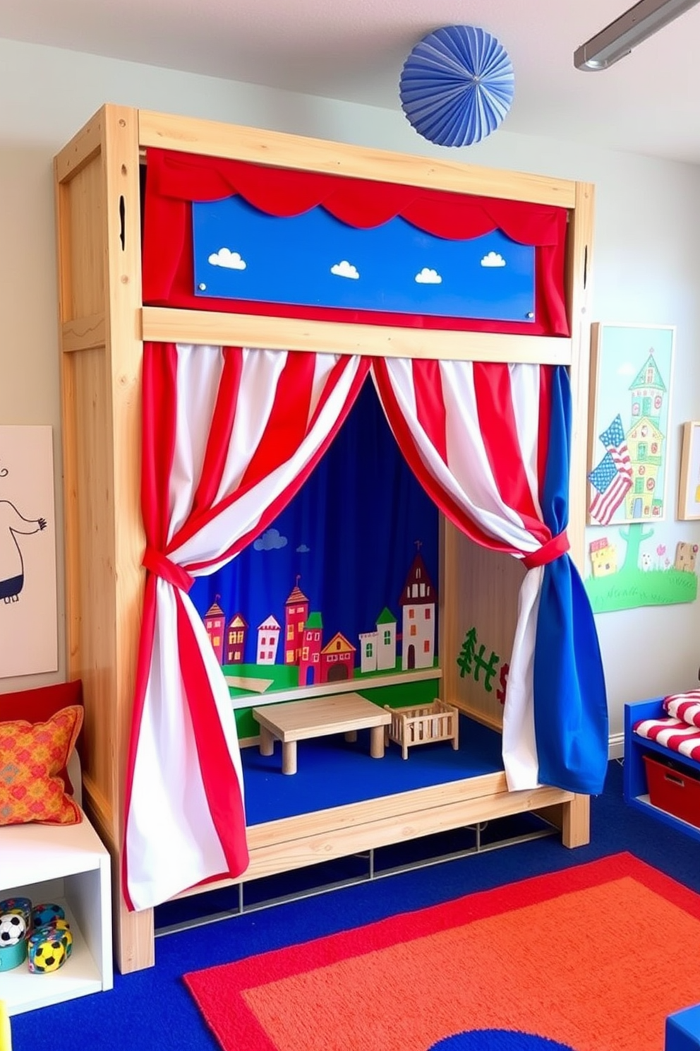 A charming DIY puppet theater made from a wooden frame with colorful curtains draped across the front. The stage is adorned with whimsical hand-painted scenery to inspire imaginative play. A festive Labor Day playroom decorated with red white and blue accents. The space features playful wall art and cozy seating areas for children to enjoy games and activities.