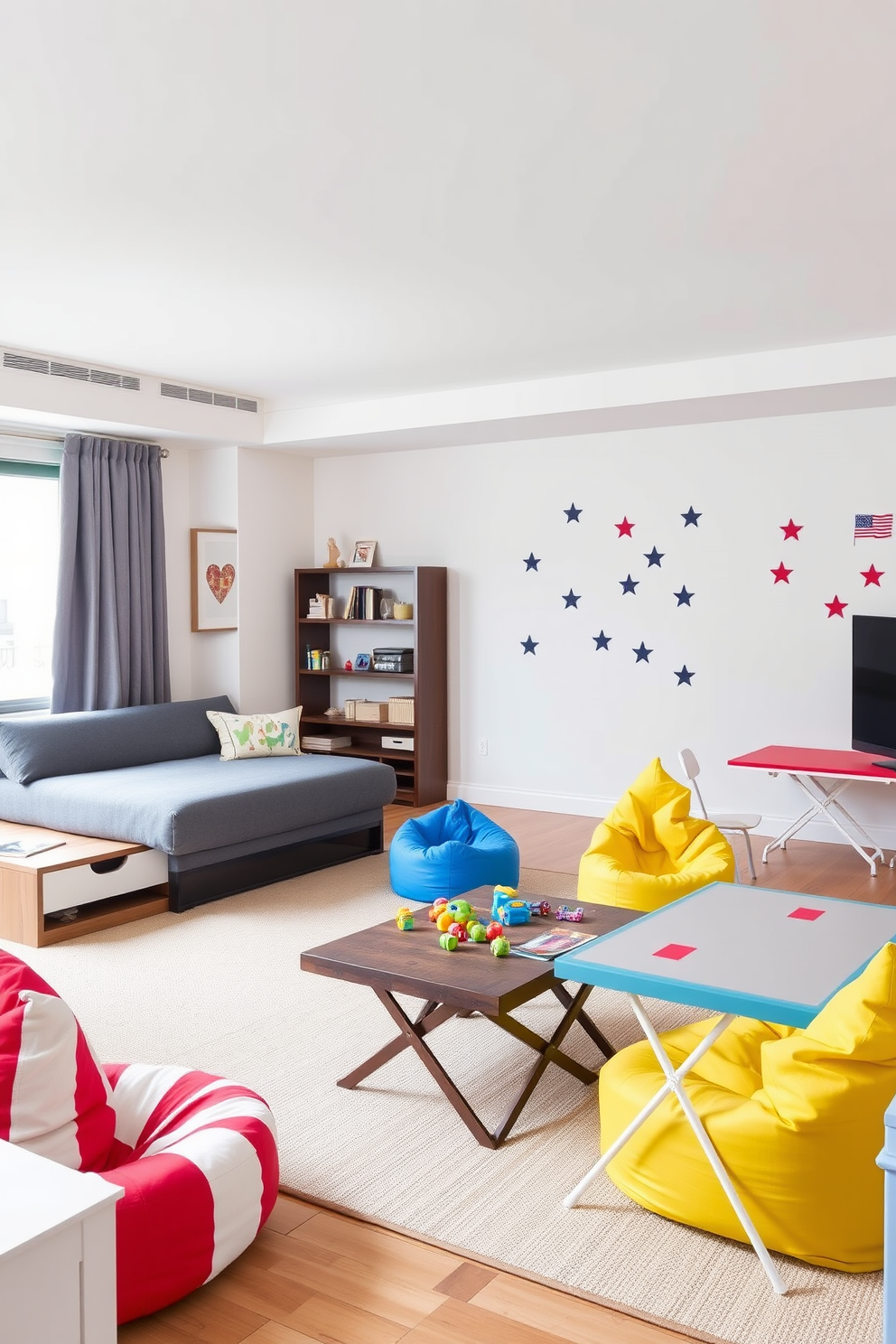 Brightly colored furniture fills the playroom, creating an energetic and vibrant atmosphere. A mix of red, blue, and yellow chairs surround a playful, oversized table designed for crafts and games. The walls are adorned with cheerful artwork and playful decals, enhancing the lively theme. Soft, plush rugs in contrasting colors provide a cozy area for children to sit and play.