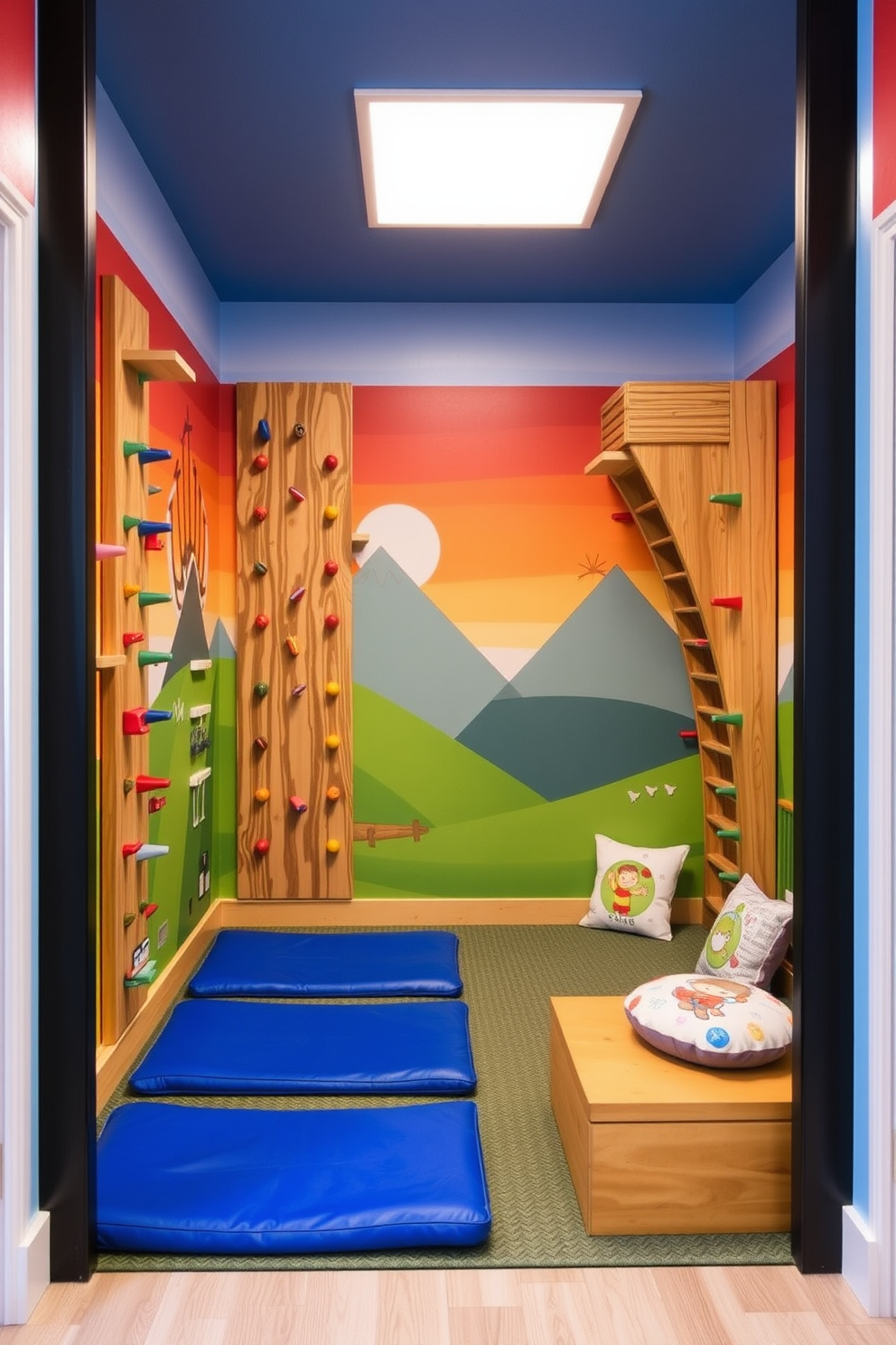 A vibrant playroom featuring wall-mounted games that maximize space and encourage creativity. The walls are painted in a cheerful blue hue, adorned with colorful shelving units that display various board games and toys. In one corner, a cozy reading nook is created with plush bean bags and a small bookshelf filled with children's books. Brightly colored artwork and playful decals decorate the walls, adding to the fun and inviting atmosphere.