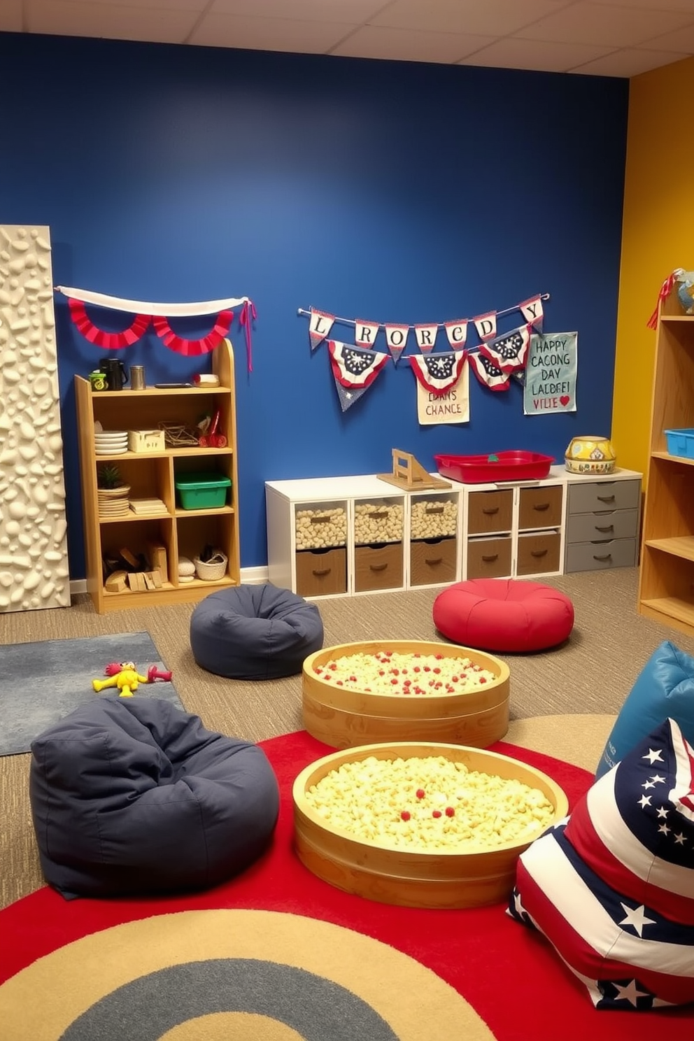 A sensory play area designed for children, featuring a variety of textures including soft rugs, bumpy wall panels, and smooth wooden toys. The walls are painted in bright colors, and there are interactive stations with sensory bins filled with rice, sand, and water beads. The playroom is decorated with playful Labor Day themes, incorporating red, white, and blue accents throughout the space. Comfortable seating areas with bean bags and oversized cushions invite relaxation, while festive banners and artwork celebrate the holiday spirit.