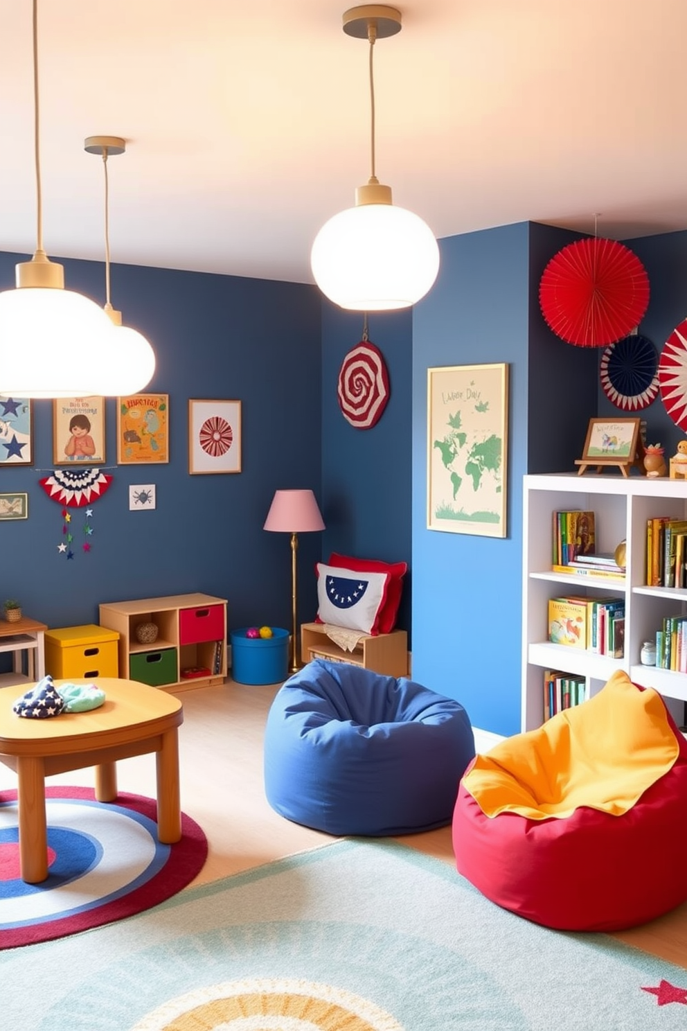 Bright pendant lights hang from the ceiling, casting a warm glow over the colorful playroom filled with soft rugs and playful furniture. The walls are adorned with cheerful artwork, creating an inviting space for children to explore their creativity and imagination. Labor Day decorations add a festive touch, with red, white, and blue accents incorporated throughout the room. A cozy reading nook features a vibrant bean bag chair and shelves filled with books, making it a perfect spot for relaxation and fun.