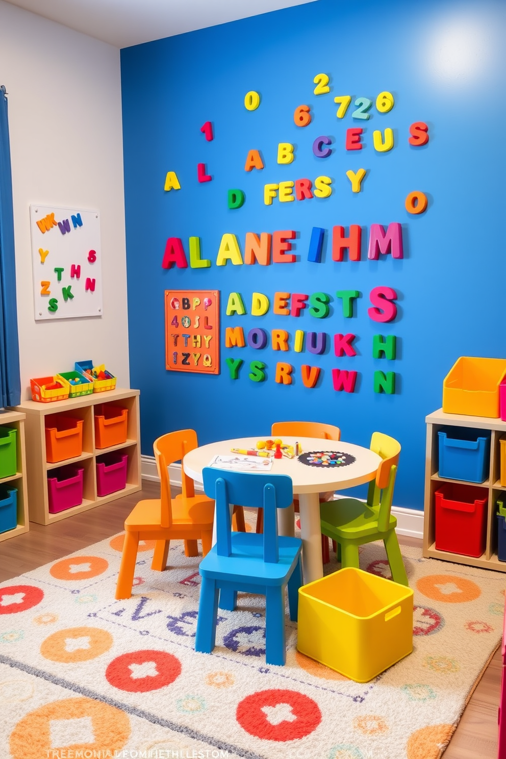 A vibrant playroom designed for educational playtime features a magnetic wall painted in a cheerful blue shade. Colorful magnetic letters and shapes are displayed, encouraging creativity and learning while the floor is covered with soft, plush rugs for comfort. Incorporate playful furniture, such as a round table with colorful chairs, perfect for arts and crafts activities. Brightly colored storage bins are strategically placed to keep toys organized and accessible, creating an inviting and functional space for children to explore and learn.