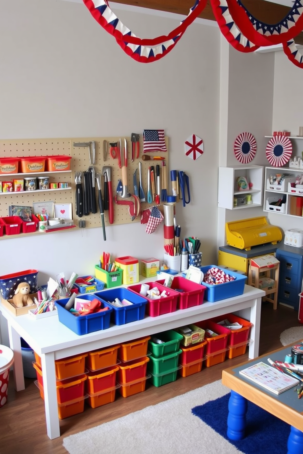 A cozy DIY craft station filled with organized supplies. The table is adorned with colorful bins containing various craft materials, and a pegboard on the wall displays tools and finished projects. A vibrant playroom designed for Labor Day celebrations. The space features playful decorations in red, white, and blue, with comfortable seating and engaging activities for children.