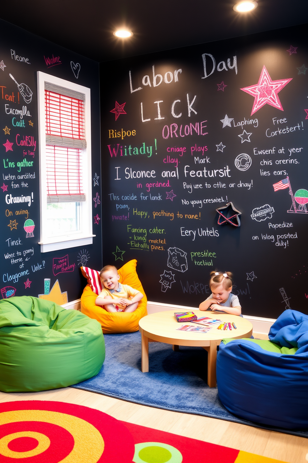 A vibrant playroom features an interactive chalkboard wall that invites creativity and imagination. The wall is adorned with colorful chalk drawings and messages from children, creating an engaging atmosphere. The space is filled with playful furniture, including bean bags and a low table for arts and crafts. Brightly colored rugs and playful wall decals enhance the cheerful ambiance of this Labor Day themed playroom.