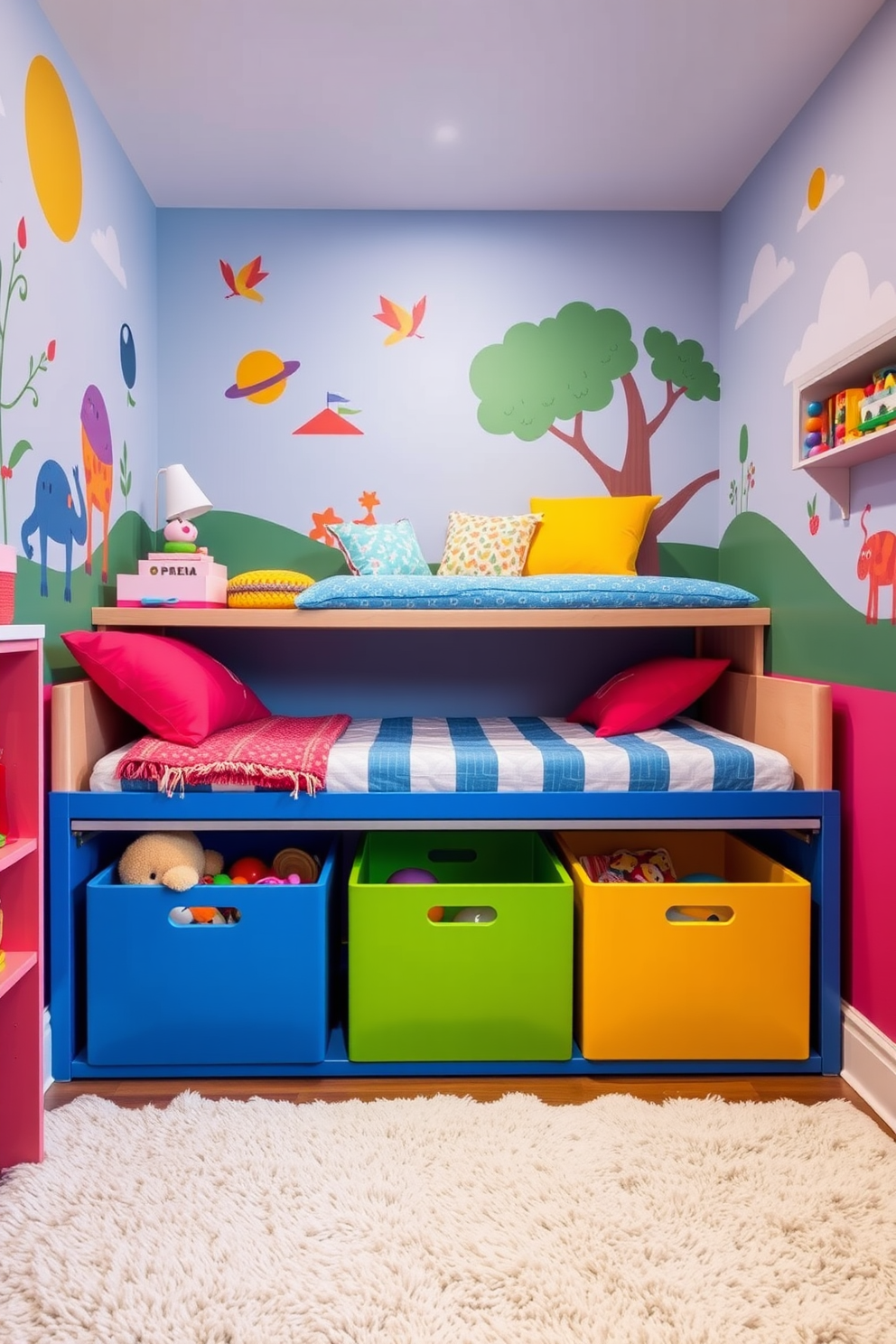 Colorful shelving units are arranged along the walls of a vibrant playroom. Each shelf is filled with an assortment of toys, books, and art supplies, creating an inviting and organized space for children to explore. The playroom features playful wall decals and bright area rugs that enhance the cheerful atmosphere. Comfortable seating options are scattered throughout, encouraging creativity and collaboration among kids during their playtime.