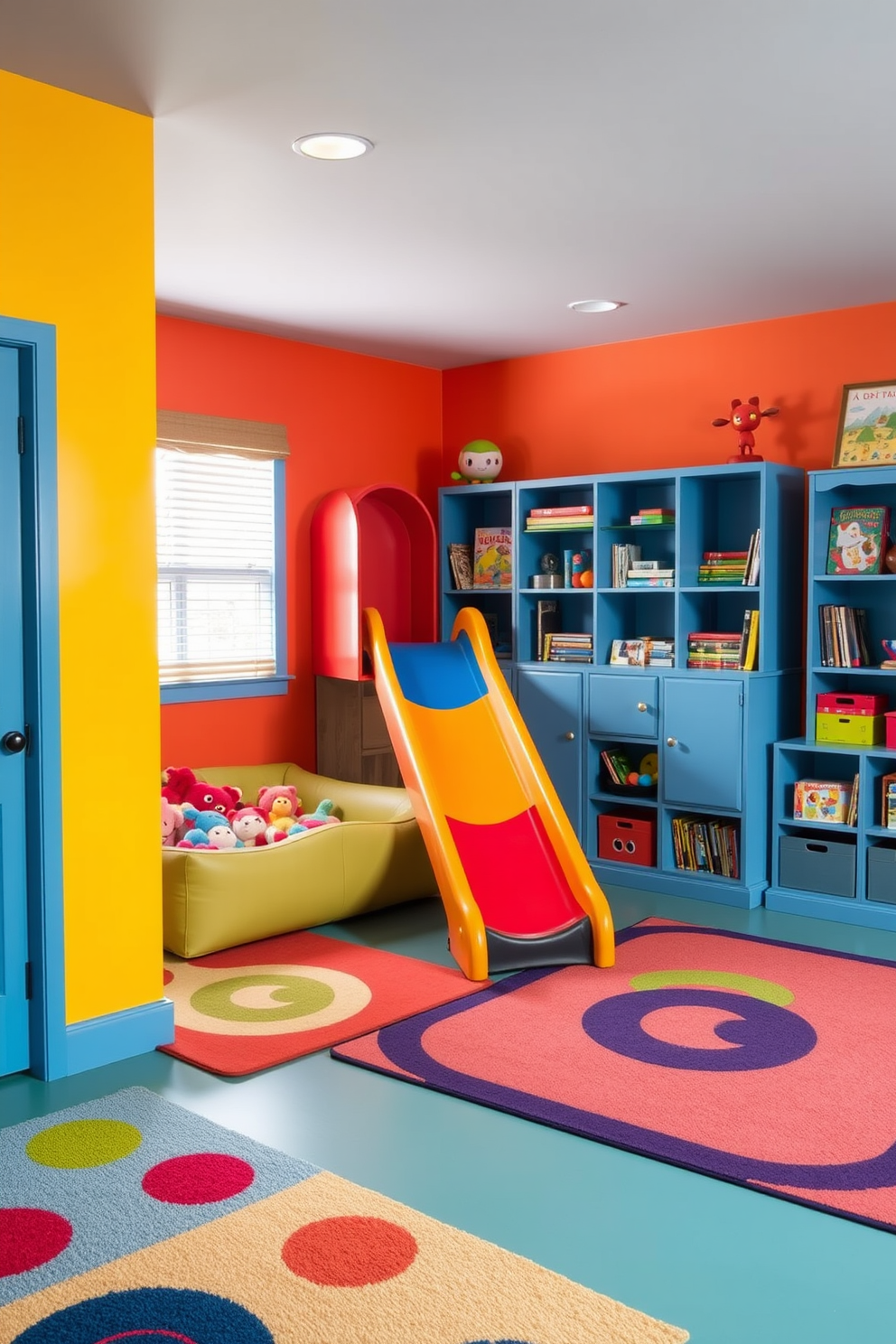 A vibrant playroom designed for children with a small indoor slide that connects to a cozy reading nook. The walls are painted in bright primary colors, and colorful rugs cover the floor, creating a fun and inviting atmosphere. In one corner, a small slide leads from a soft play area filled with plush toys to a padded landing zone. Nearby, shelves are stocked with books and games, encouraging creativity and play in a safe environment.