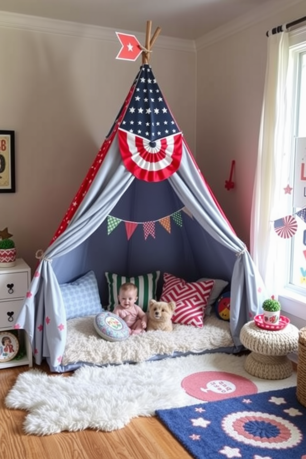 A whimsical playroom tent designed for cozy hideaways. The tent is adorned with colorful patterns and soft cushions, creating an inviting space for children to relax and play. Labor Day playroom decorating ideas include vibrant banners and seasonal decorations. Plush rugs and playful wall art enhance the cheerful atmosphere, making it a perfect spot for family gatherings.