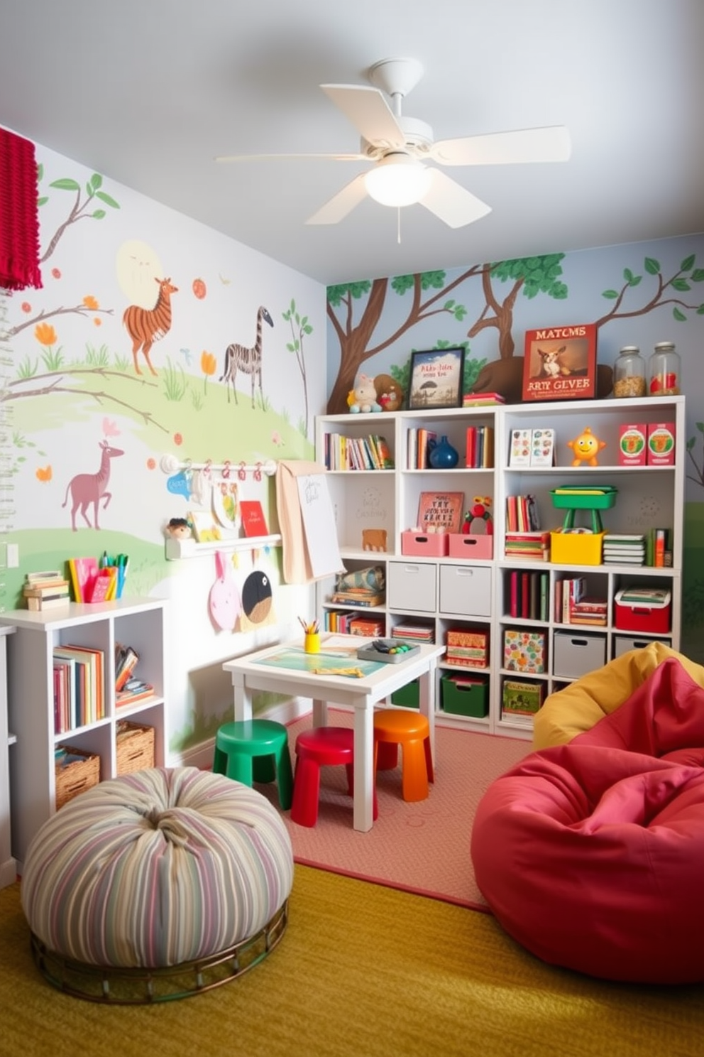 A cozy playroom designed for creativity and fun. One corner features a small art studio area with a child-sized table and colorful stools, surrounded by shelves filled with art supplies and books. The walls are painted in bright, cheerful colors, and the floor is covered with a soft, durable rug. A playful mural of animals and nature adds a whimsical touch, while a cozy reading nook with bean bags invites relaxation.