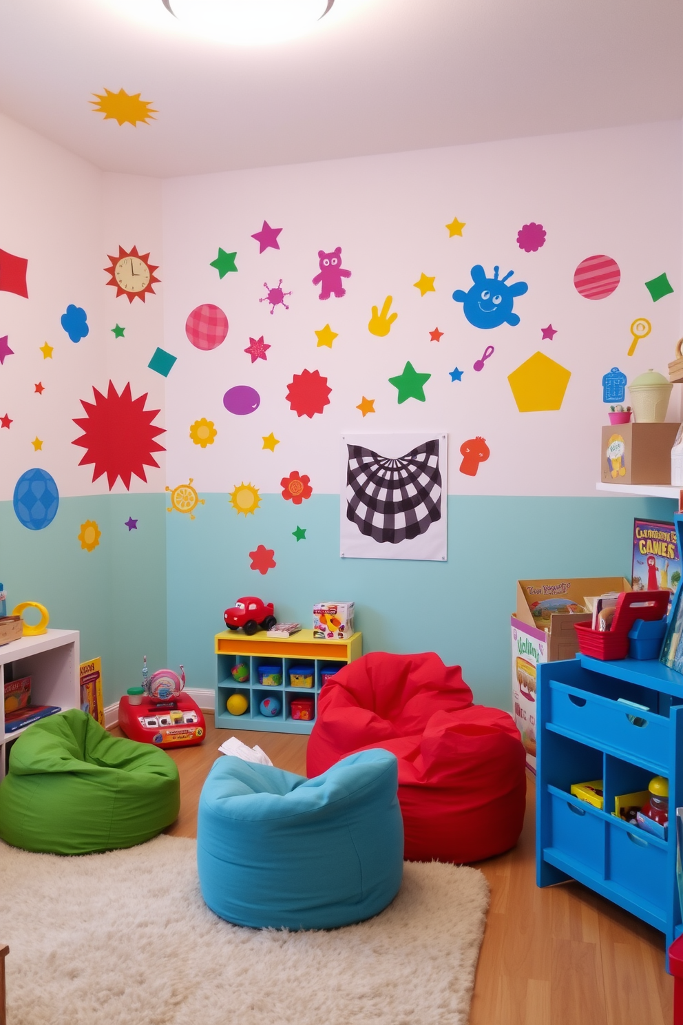 A vibrant playroom filled with colorful wall decals depicting various fun shapes and characters. The walls are painted in a soft pastel color to complement the lively decals, creating an inviting atmosphere for children to play and explore. The playroom features a cozy reading nook with a plush rug and bean bags in bright colors. A playful arrangement of toys and games is neatly organized on shelves, encouraging creativity and engagement during Labor Day celebrations.