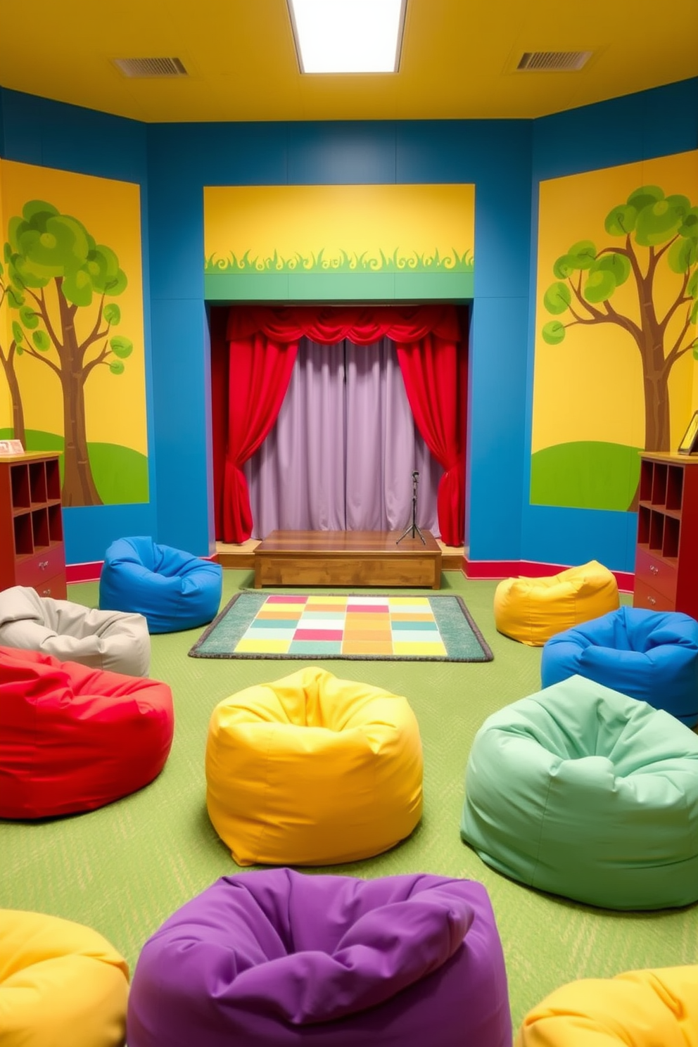 A vibrant playroom setting designed for a Labor Day mini stage. Brightly colored walls feature playful murals of trees and sunshine, creating an inviting backdrop for performances. In the center, a small wooden stage is adorned with a colorful rug, perfect for children to perform. Surrounding the stage, plush bean bags in various colors provide comfortable seating for young audiences.