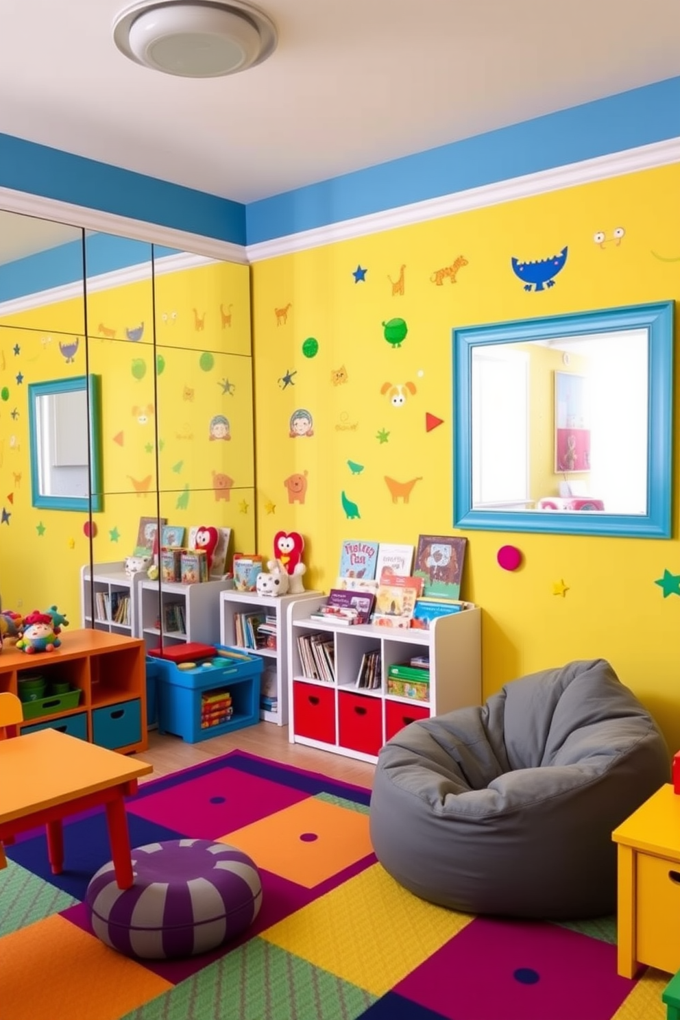 A vibrant playroom filled with bright colors and playful decor. The walls are painted in cheerful shades of yellow and blue, while colorful rugs cover the floor, creating a fun and inviting atmosphere. In one corner, a cozy reading nook features a plush bean bag chair and a small bookshelf filled with colorful children's books. The space is adorned with whimsical wall art and playful toys that encourage creativity and joy.