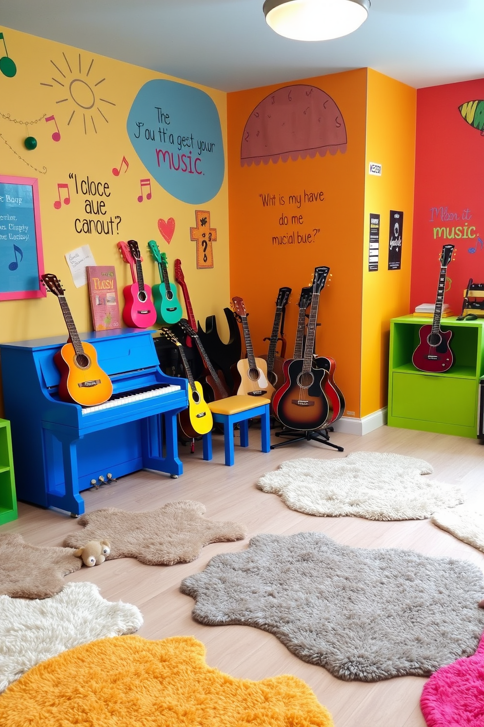 A vibrant playroom filled with colorful furniture and playful decor. The walls are adorned with family photos in various frames, adding warmth and a personal touch to the space. There is a cozy reading nook with a soft rug and bean bags for lounging. Brightly colored shelves display toys and books, creating an inviting atmosphere for children to explore and enjoy.