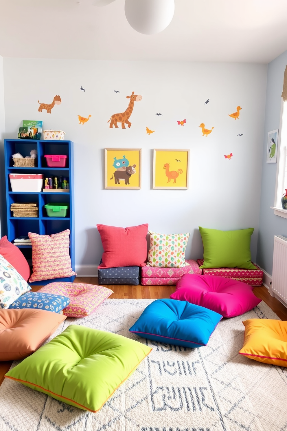 Create a cozy playroom with vibrant floor cushions scattered around for casual seating options. The cushions come in various colors and patterns, providing a fun and inviting atmosphere for children to relax and play. Incorporate playful elements such as wall decals featuring animals and bright artwork to enhance the festive feel. Add a soft area rug to define the space and ensure comfort while kids engage in their activities.