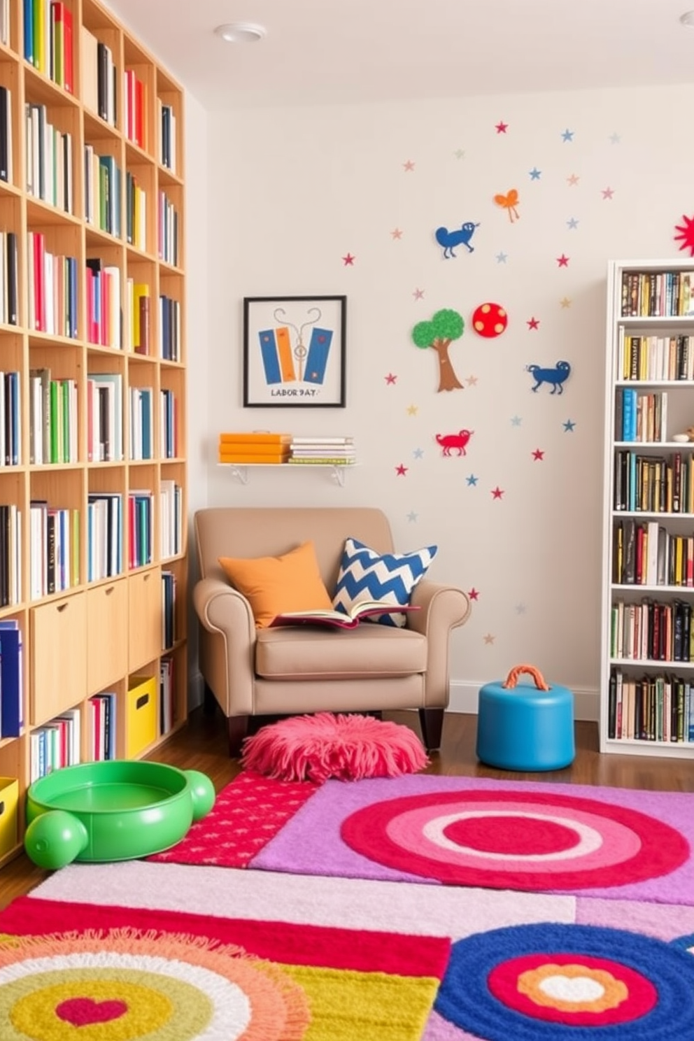 Cozy reading nook with soft cushions. A plush armchair is nestled in the corner, surrounded by tall bookshelves filled with colorful books. Labor Day playroom decorating ideas. Brightly colored rugs cover the floor, and playful wall decals add a fun atmosphere for children to enjoy.