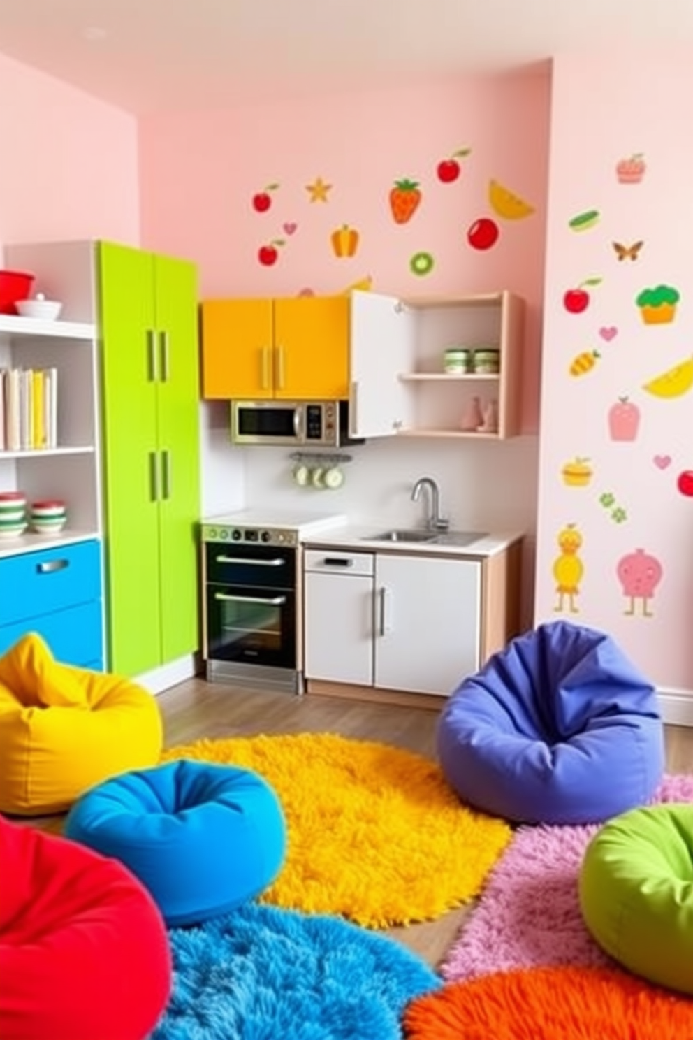 A vibrant playroom designed for role play, featuring a small kitchenette area with colorful cabinets and a playful backsplash. The kitchenette includes a miniature stove, sink, and fridge, all within easy reach for imaginative cooking adventures. The playroom is filled with soft, plush rugs and bean bag chairs in bright colors, creating a cozy and inviting atmosphere. Wall decals of various food items and playful characters add a whimsical touch, encouraging creativity and fun during playtime.