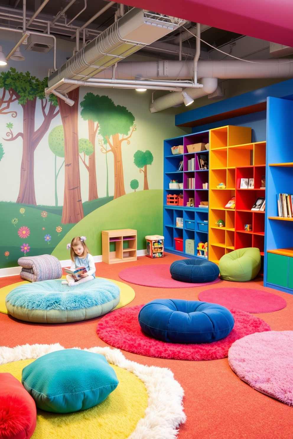 A vibrant play zone designed for imaginative play features a colorful mural depicting a whimsical forest scene on one wall. Soft, plush rugs in various shapes create distinct areas for different activities, such as reading, building, and crafting. The space includes a cozy nook filled with oversized cushions and bean bags for storytelling sessions. Brightly colored shelving units display toys and books, inviting children to explore and engage their creativity.