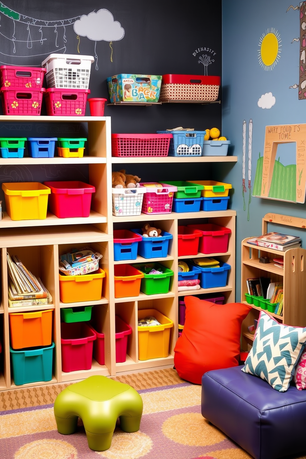 A vibrant playroom filled with colorful storage solutions that inspire creativity and organization. There are bright bins and baskets in various shapes and sizes, neatly arranged on open shelves to encourage easy access for children. The walls are adorned with playful murals and chalkboard paint, providing a canvas for artistic expression. A cozy reading nook features a small bookshelf and plush seating, making it an inviting space for both play and relaxation.