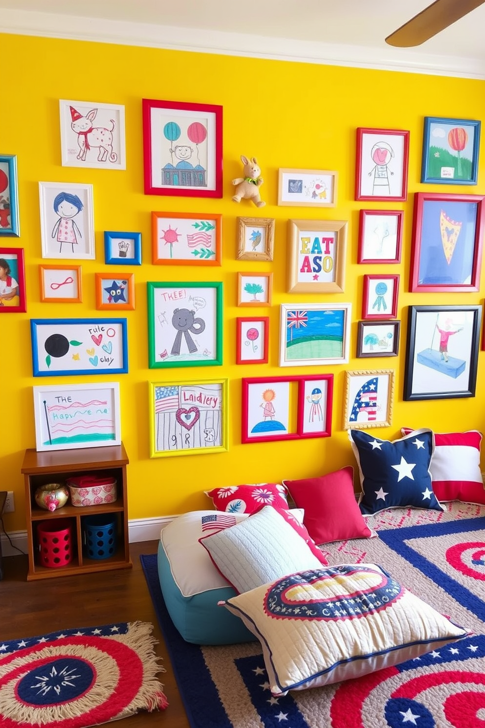 A vibrant art display wall showcasing children's artwork is the focal point of the playroom. The wall is painted in a cheerful yellow hue, adorned with colorful frames that hold various pieces of art created by kids. The playroom features playful decor elements inspired by Labor Day themes. Red, white, and blue accents are incorporated through cushions and rugs, creating a festive and inviting atmosphere.