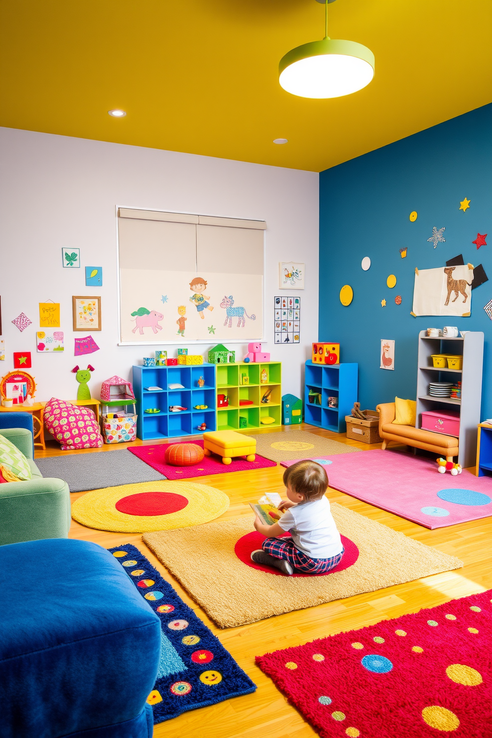 A cheerful playroom filled with vibrant colors and playful decor. In one corner, there are neatly arranged storage bins in various sizes, each labeled for easy organization of toys and games. The walls are painted in a soft pastel shade, complemented by colorful wall art featuring playful designs. A cozy rug lies on the floor, providing a comfortable space for children to play and explore.