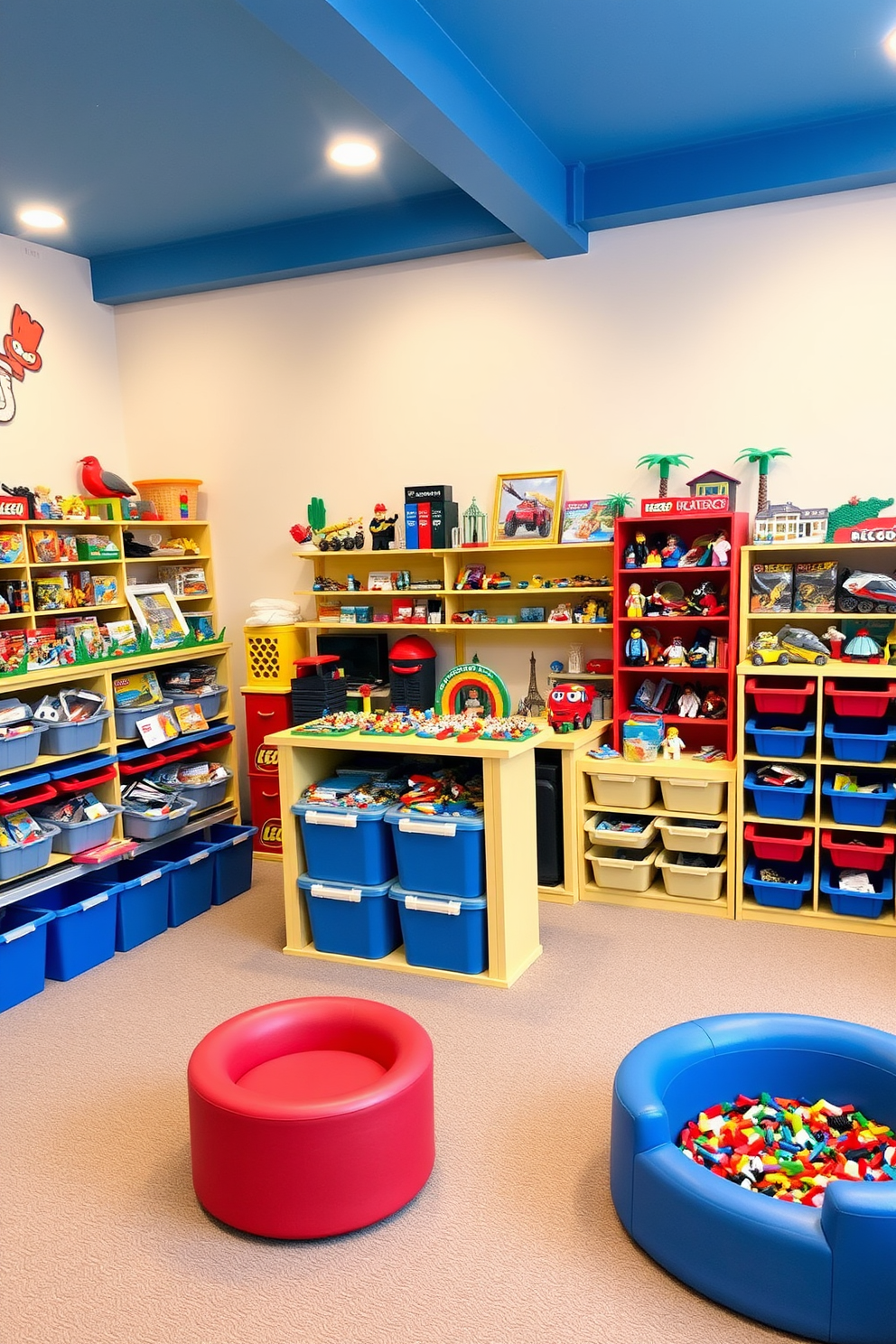 A vibrant Lego building station filled with colorful bricks and creative sets. Surrounding the station are neatly organized storage bins for easy access to all building materials. The playroom features a fun and playful theme with bright colors and engaging decor. Cozy seating areas are arranged for children to gather and showcase their Lego creations.