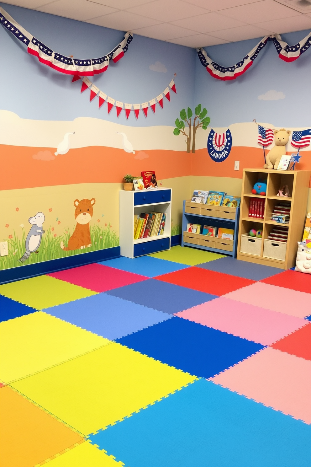 Soft play mats in vibrant colors are scattered across the floor, providing a safe and comfortable area for children to play. The walls are adorned with playful murals of animals and nature, creating a cheerful and inviting atmosphere. For Labor Day, the playroom is decorated with festive red, white, and blue accents, including themed cushions and banners. A cozy reading nook features a small bookshelf filled with patriotic-themed children's books, encouraging imaginative play and learning.