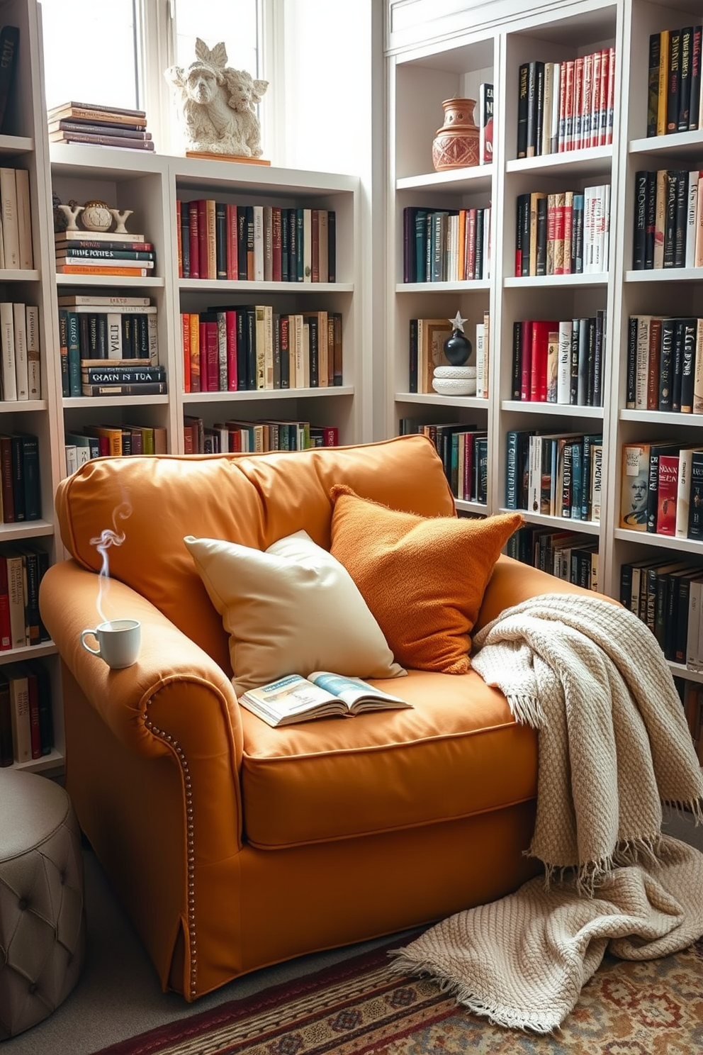 A cozy oversized chair is adorned with soft, plush cushions in warm, inviting colors. The chair is positioned in a well-lit corner, surrounded by bookshelves filled with an array of novels and decorative items. A small side table beside the chair holds a steaming cup of tea and a stack of books ready to be enjoyed. A soft throw blanket drapes over the armrest, adding an extra touch of comfort to this relaxing reading nook.