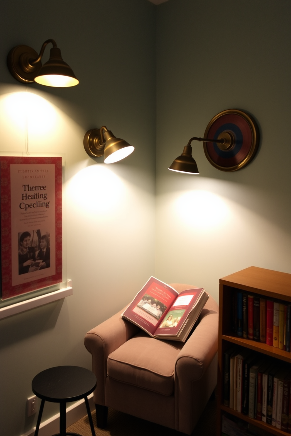 A cozy reading nook featuring a stylish reading lamp with an adjustable arm positioned next to a plush armchair. The nook is adorned with a soft throw blanket and a small side table holding a stack of books and a steaming cup of tea.