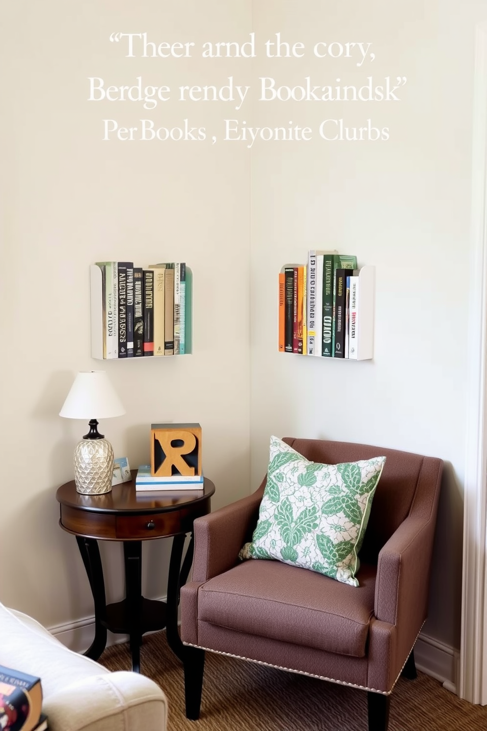 Create a cozy reading nook that features personalized bookends showcasing favorite books. The space should include a comfortable armchair, a small side table, and soft lighting to create an inviting atmosphere.