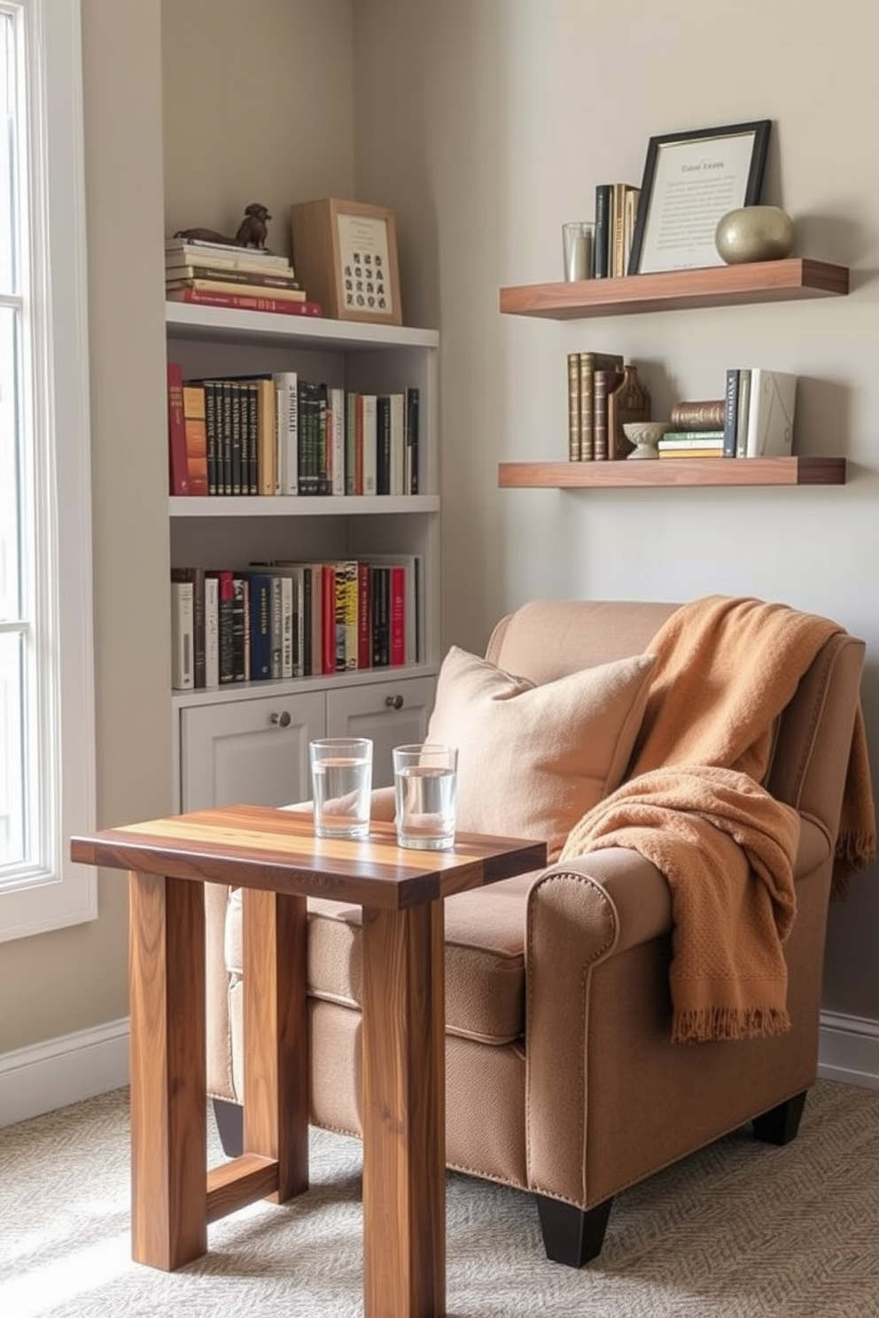 A cozy reading nook adorned with vibrant indoor plants. A comfortable armchair is positioned next to a small side table, with a stack of books and a steaming cup of tea resting on it. The nook is surrounded by various potted plants, creating a refreshing atmosphere. Soft, natural light filters through a nearby window, highlighting the greenery and inviting relaxation.