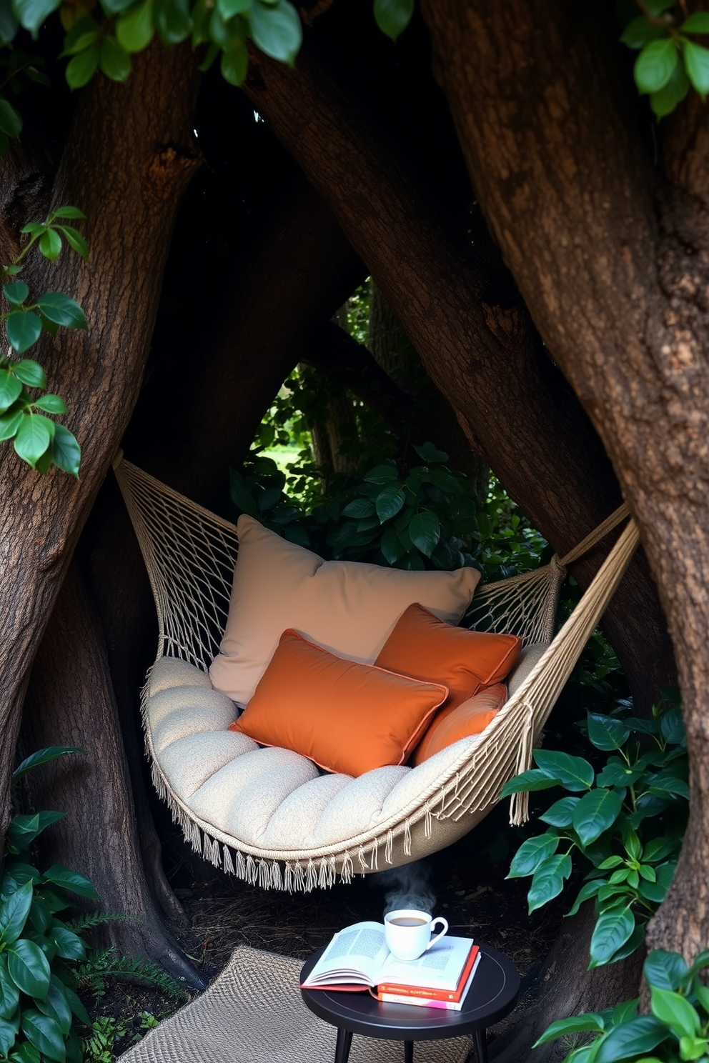 A cozy reading nook featuring a comfortable hammock suspended between two sturdy trees. Soft cushions in warm colors are scattered on the hammock, inviting relaxation and leisure. The nook is surrounded by lush greenery, creating a serene and peaceful atmosphere. A small side table holds a stack of books and a steaming cup of tea, perfect for an afternoon of reading.