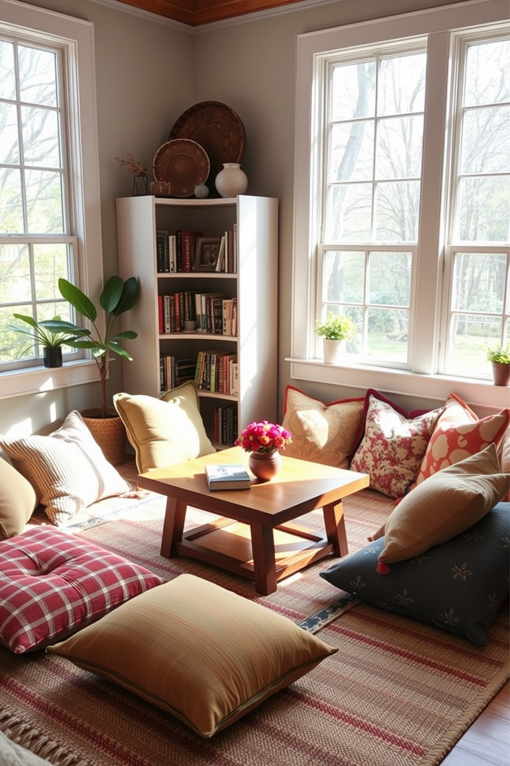 A cozy reading nook designed for Labor Day relaxation features a collection of colorful floor cushions scattered around a low wooden coffee table. Soft natural light filters in through large windows, illuminating a nearby bookshelf filled with seasonal reads and decorative items.