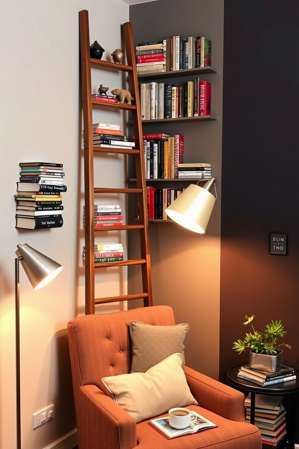 A stylish wooden ladder is leaning against a wall, adorned with an array of colorful books and decorative items. Below the ladder, a cozy armchair with soft cushions invites readers to relax and enjoy their favorite novels. The nook is illuminated by a warm floor lamp, casting a gentle glow over the space. A small side table holds a steaming mug of coffee and a decorative plant, adding a touch of greenery to the inviting atmosphere.